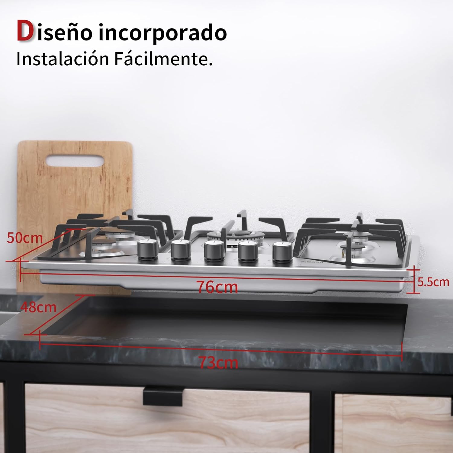 Piastra di cottura a gas a 5 fuochi, autosufficiente, piano cottura a incasso, per gas naturale/ propano, sicurezza tramite termocoppia, acciaio inossidabile