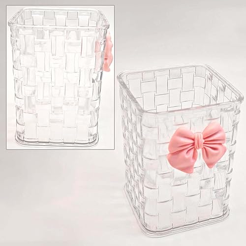 Miniatura 8 de Soporte para bolígrafo para escritorio, bonito soporte para brochas de maquillaje acrílico, textura tejida con decoración de lazo, papelería de