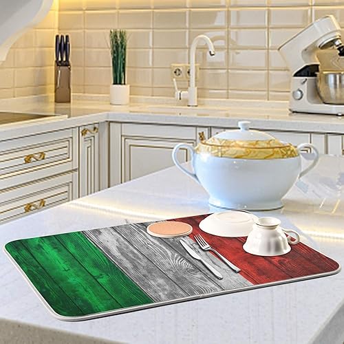 Miniatura 2 de Tapete de secado de platos de madera con bandera italiana vintage, tapete escurridor de platos de microfibra reversible para encimera de cocina, 18