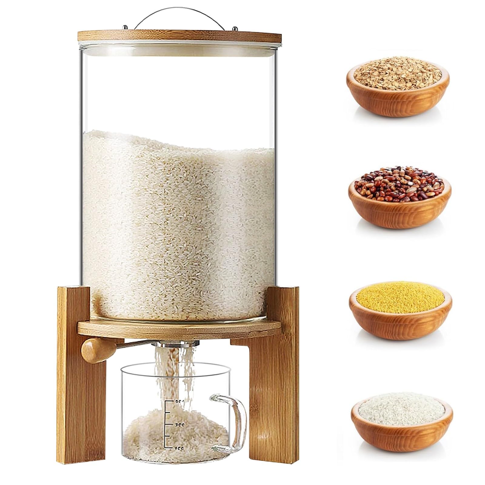 Dispensador de Arroz con Taza Medidora, Dispensador de Cereales (8L) | Dispensador de Legumbres Con Tapa Hermética, Recipientes Herméticos Alimentos para Organizadores Cocina