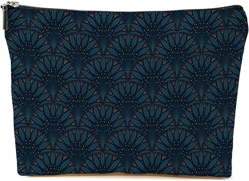 Necessaire de maquiagem Blue Leaves Peacock Fan Leaf azul-marinho e dourada