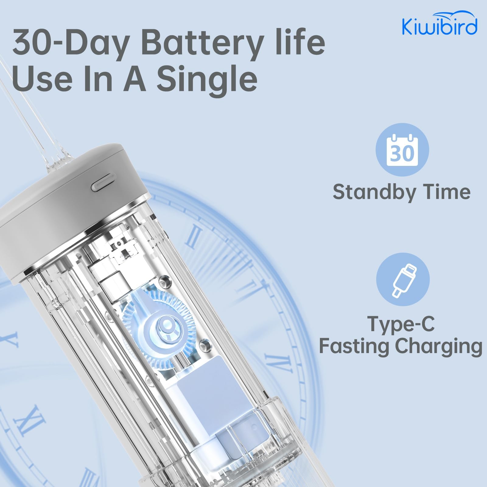 KIWIBIRD Mini idropulsore da viaggio, irrigatore orale senza fili ultraportatile con luce UVC, impermeabile IPX8, 3 modalità, 230 ml, detergente per i denti per la cura di pietre tonsillari e