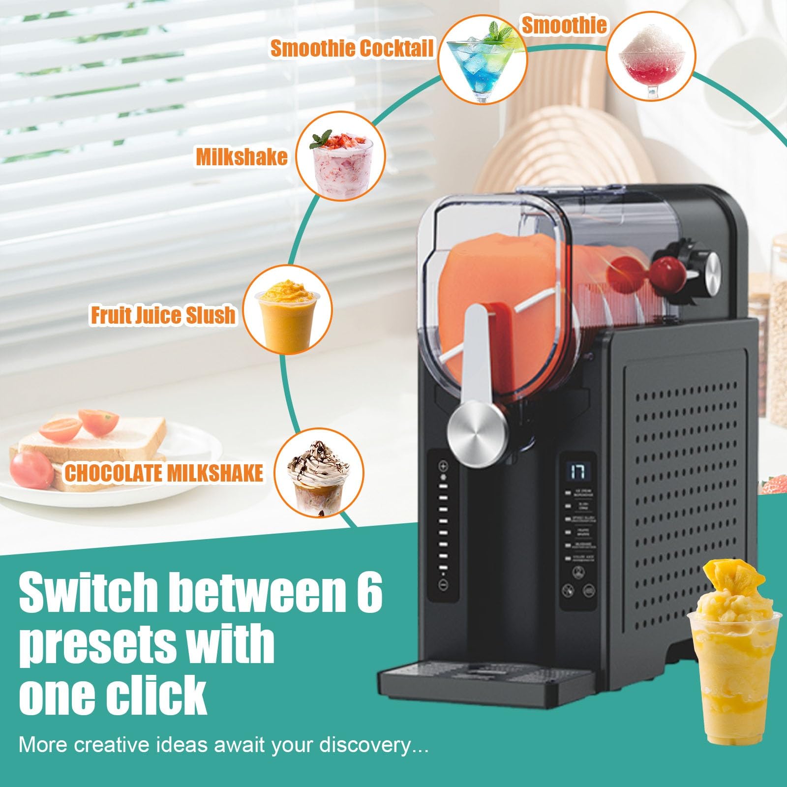 Macchina Slush Grande Capacità, Macchina Granita Grande Capacità 1.6L Capacità, Pulizia Automatica, Display LED, Senza Ghiaccio, Smoothie, Milkshake E Frappè