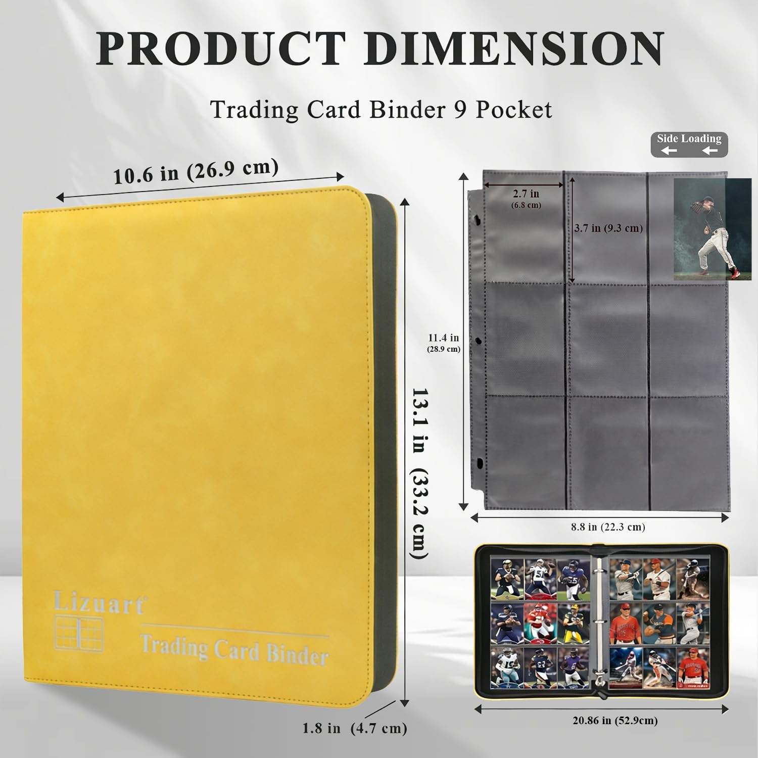 Trading Card Binder, 3-Ring 9-Pocket Zipper Binder for Baseball Cards, Sports Cards, TCG/CCG (MTG, Football, Basketball), 20 Black Leatherette Sheets, Side Load (Yellow, O-Ring)