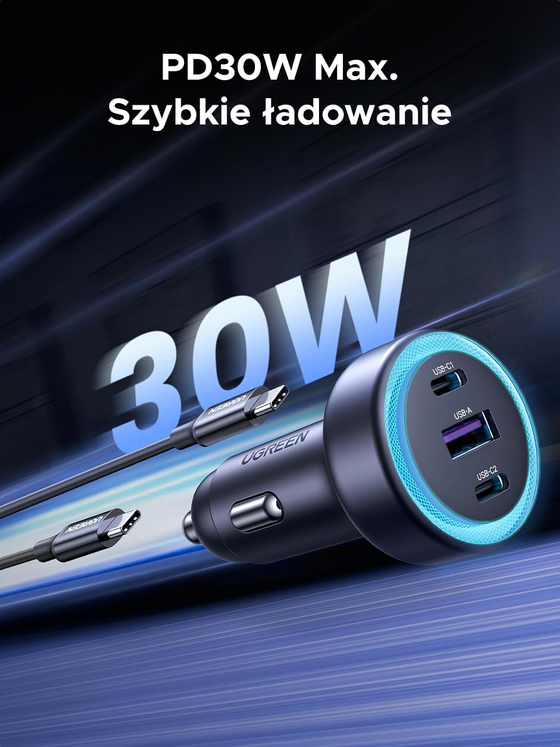 UGREEN 3-portowa zapalniczka samochodowa USB-C PD 30 W Ładowarka samochodowa 12 V USB-C akcesorium samochodowe kompatybilne z iPhone em serii 17-12 iPadem GPS-em Galaxy S25 S24