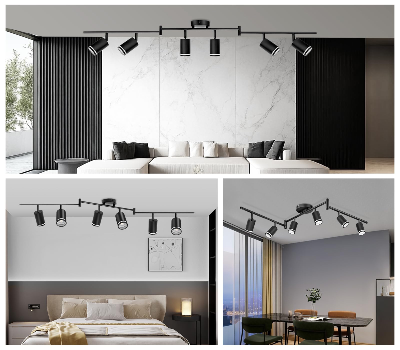 GeyouLux Reflektor sufitowy LED, 6 żarówek, lampa sufitowa LED, wychylna, czarna | GU10 lampa sufitowa punktowa, nowoczesna lampa punktowa, reflektor ścienny do salonu, sypialni, kuchni (bez żarówki)