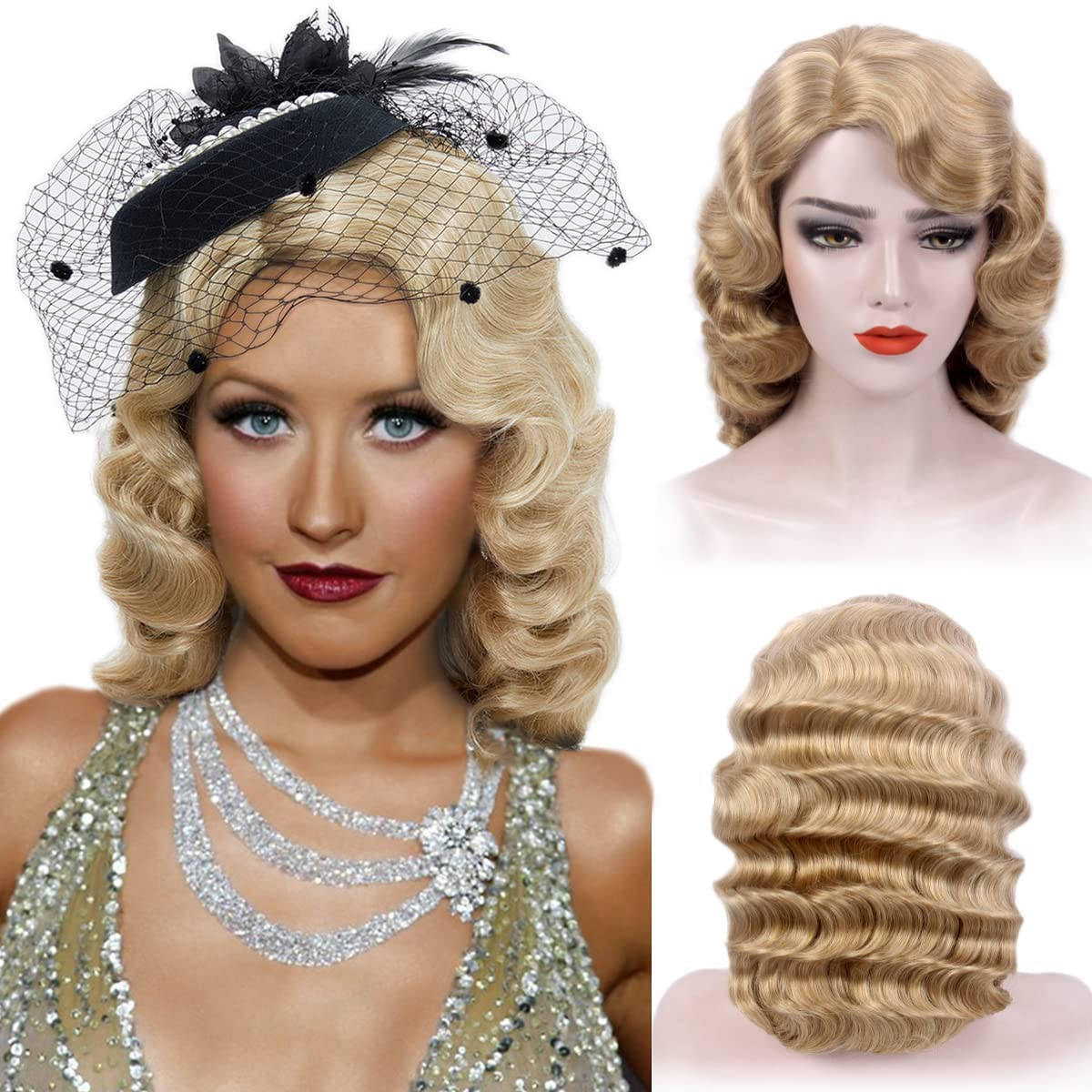 Long Blonde 1920s Wig for Women Gatsby roaring 20s Finger Wave Party Wigs Synthetic Full Vintage Wigs for Womens Lady Cosplay Costume Fancy Dress 1920 Flapper Wig