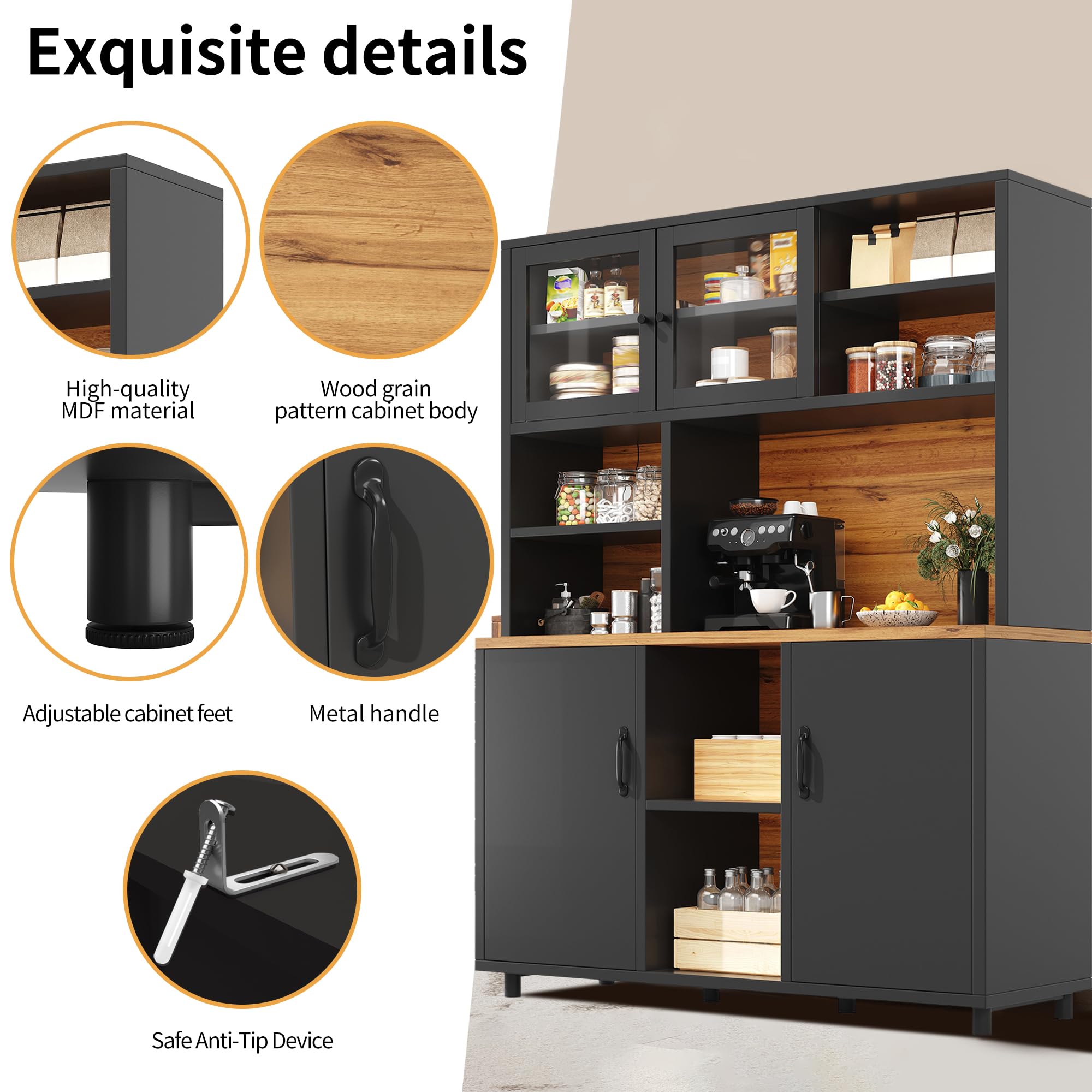 LAKFEW Alacena de Cocina Armario Cocina con Iluminación LED y Puerta Corredera de Cristal, Aparadores Mueble Auxiliar Cocina con Estante Ajustable y Puerta de Almacenaje, 140x40x185 cm, Negro