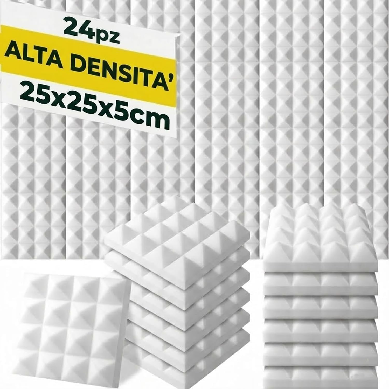Arrowzoom Pannelli Fonoassorbenti 24pz Piramidali 25x25x5cm Bianco Perla | Pannelli acustici ad alta densità per riduzione eco in studio, gaming, podcast e home office con trattamento pareti