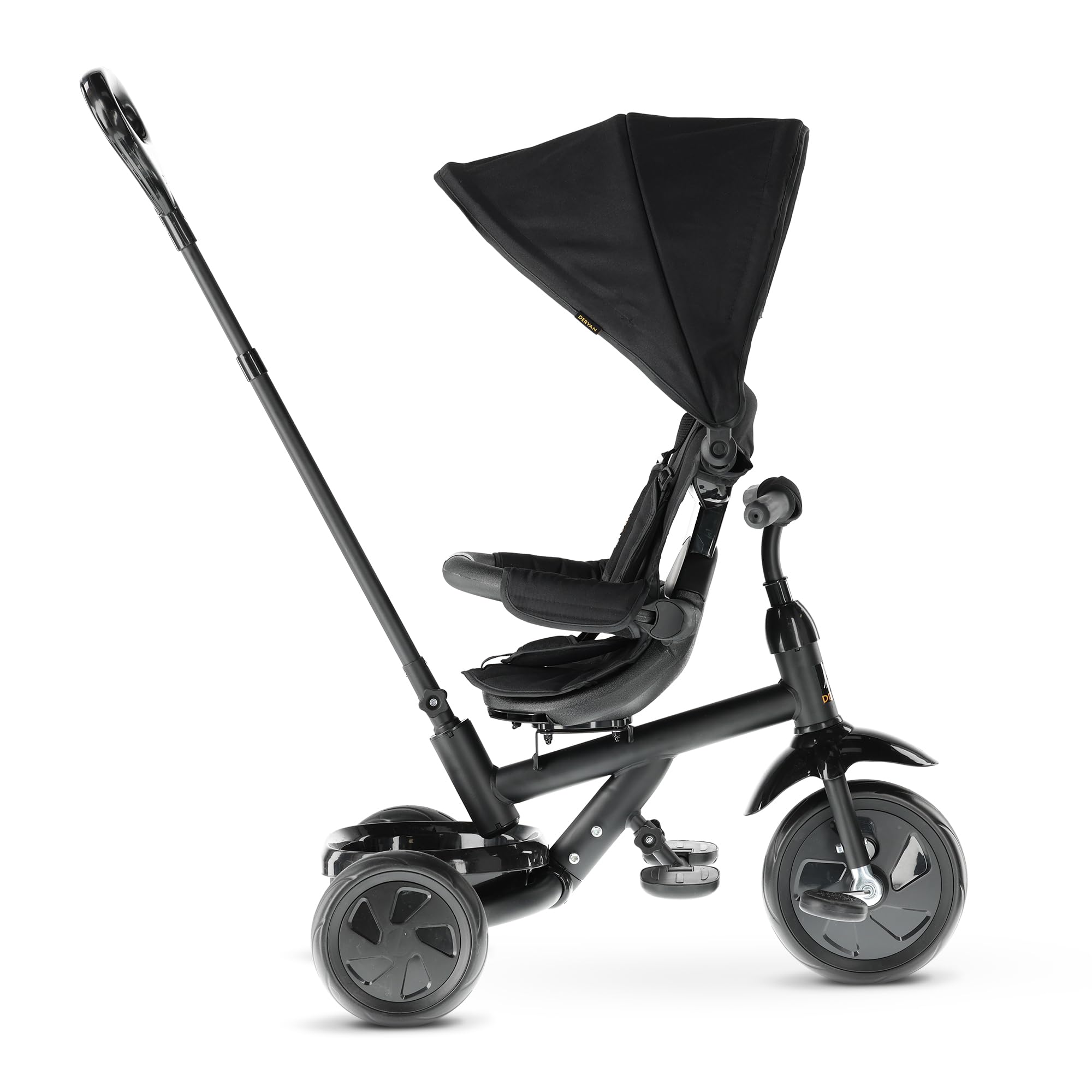 Deryan Tricycle Bébé Adventurer de 9 Mois à 25 kg, Draisienne Évolutif, Velo Poussette, Trike Bebe, Capote dépliable avec Pare-Soleil, Léger, Rangement, Noir