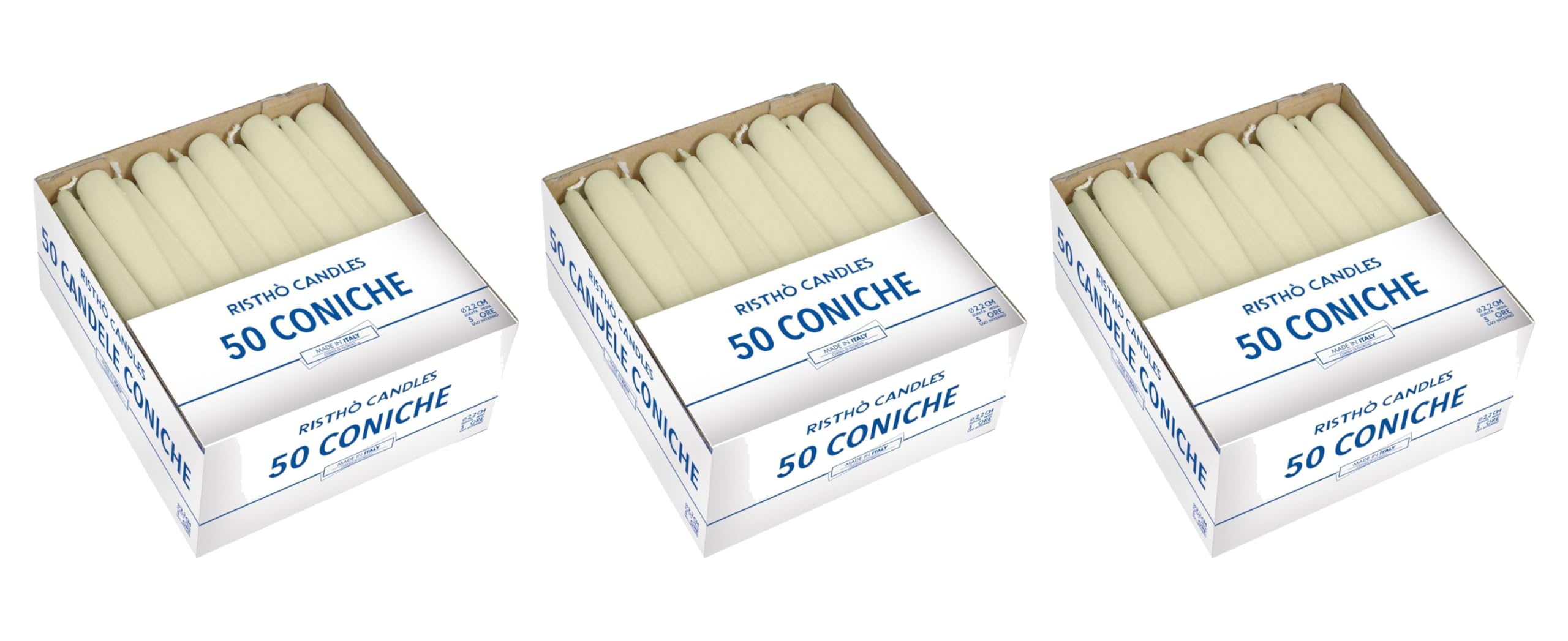 3 paquetes de 50 velas cónicas diámetro 2,2 cm altura 21 cm (150 velas) - Color marfil - Duración 5 horas - Estándar para candelabro - Cereria Di Giorgio