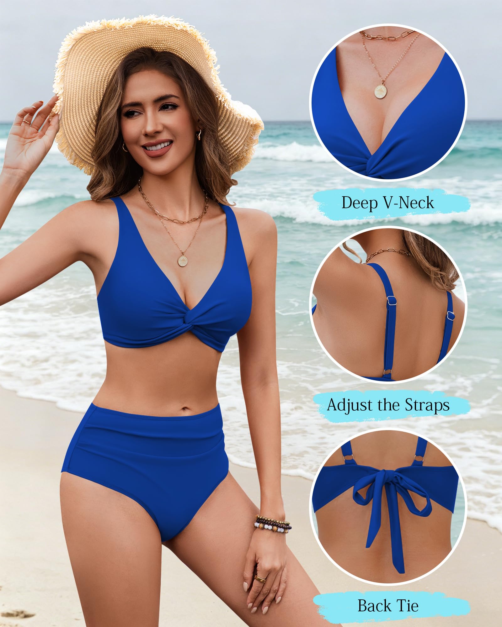 HORISUN Bikini damskie z wysokim stanem, push up, wyszczuplający brzuch, twist, dekolt w serek, dwuczęściowy, moda kąpielowa, S-