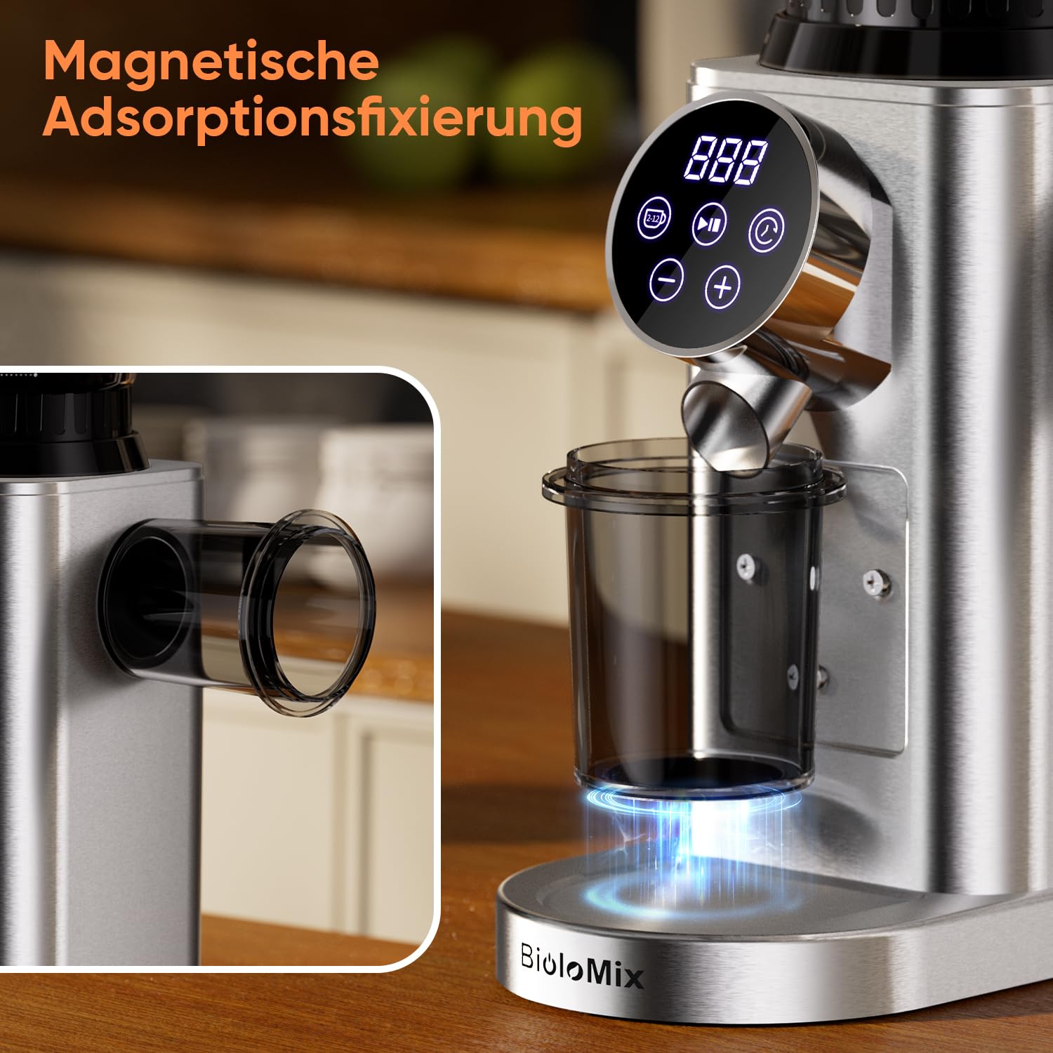 Moulin à Café Électrique Professionnel Biolomix avec Broyeur Conique 48 Réglages de Mouture,Compatible Portafiltres 51-53mm 58mm, Conteneur Anti-Adhésif et Mémoire Intelligente (CG210-2-EU) | Pour 1 à 12 tasses avec minuterie tactile numérique et tasses,