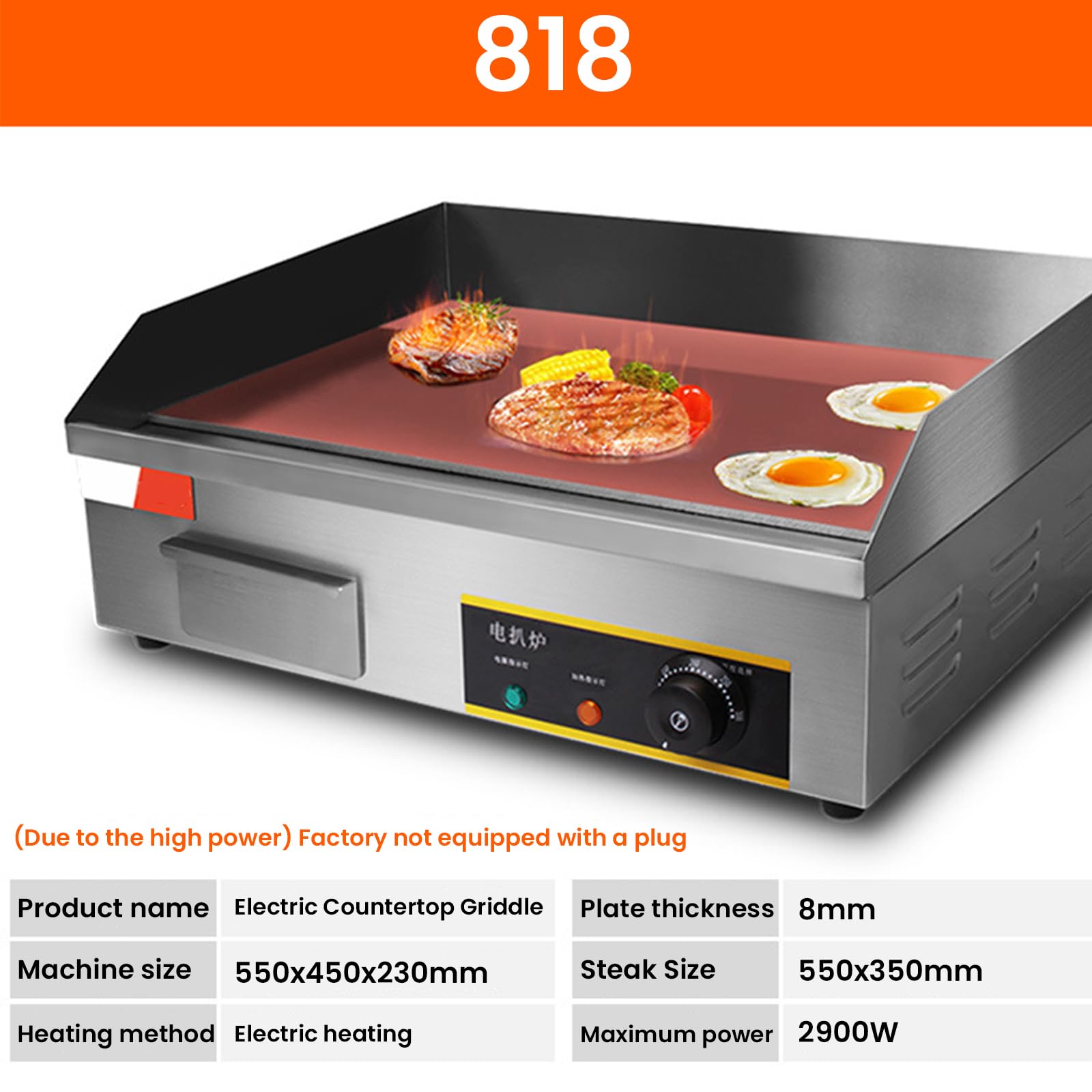 2900W 21.6Inch Piastra Elettrica Professionale Barbecue Griglia da Banco in Acciaio Inox Piana Antiaderente Controllo Termostatico Regolabile per Casa O Luoghi Commerciali