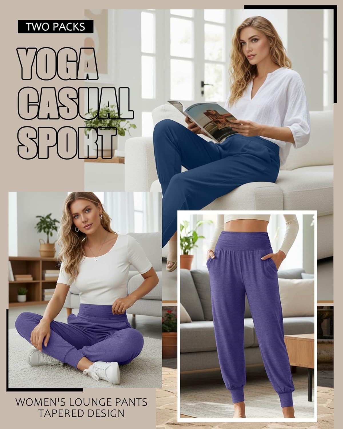 2 Pack Women's Yoga Joggers, Cozy Sweatpants with Pockets Casual Loose Comfy High Waisted Lounge Pants - Image 2