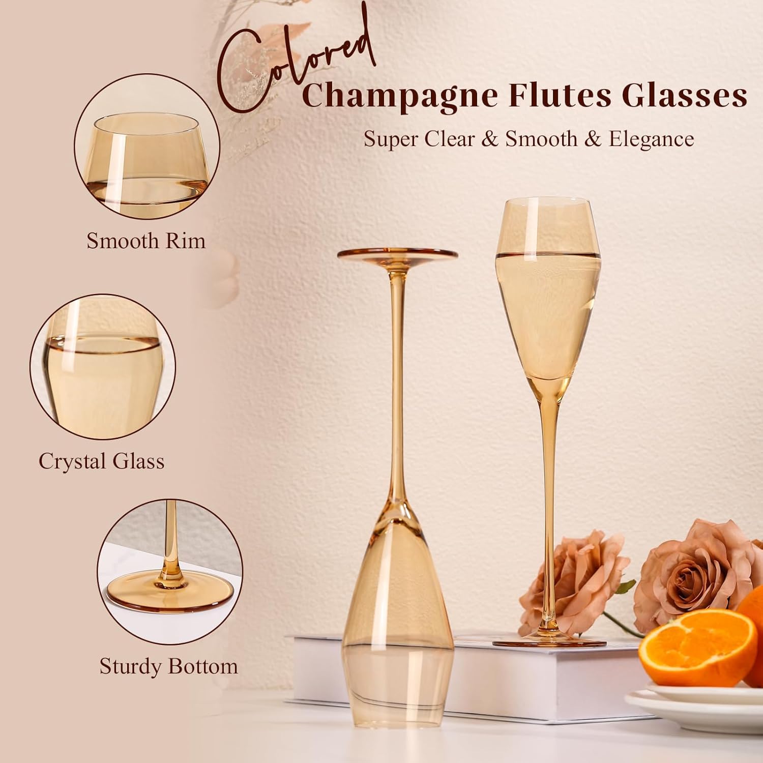 Amber Champagne Flutes Glasses Set of 6, Elegent Hand Blown Flutes Glass, Lead-Free Colored Wine Glasses Set - Ideal for Weddings, Anniversaries, Christmas, Special Days