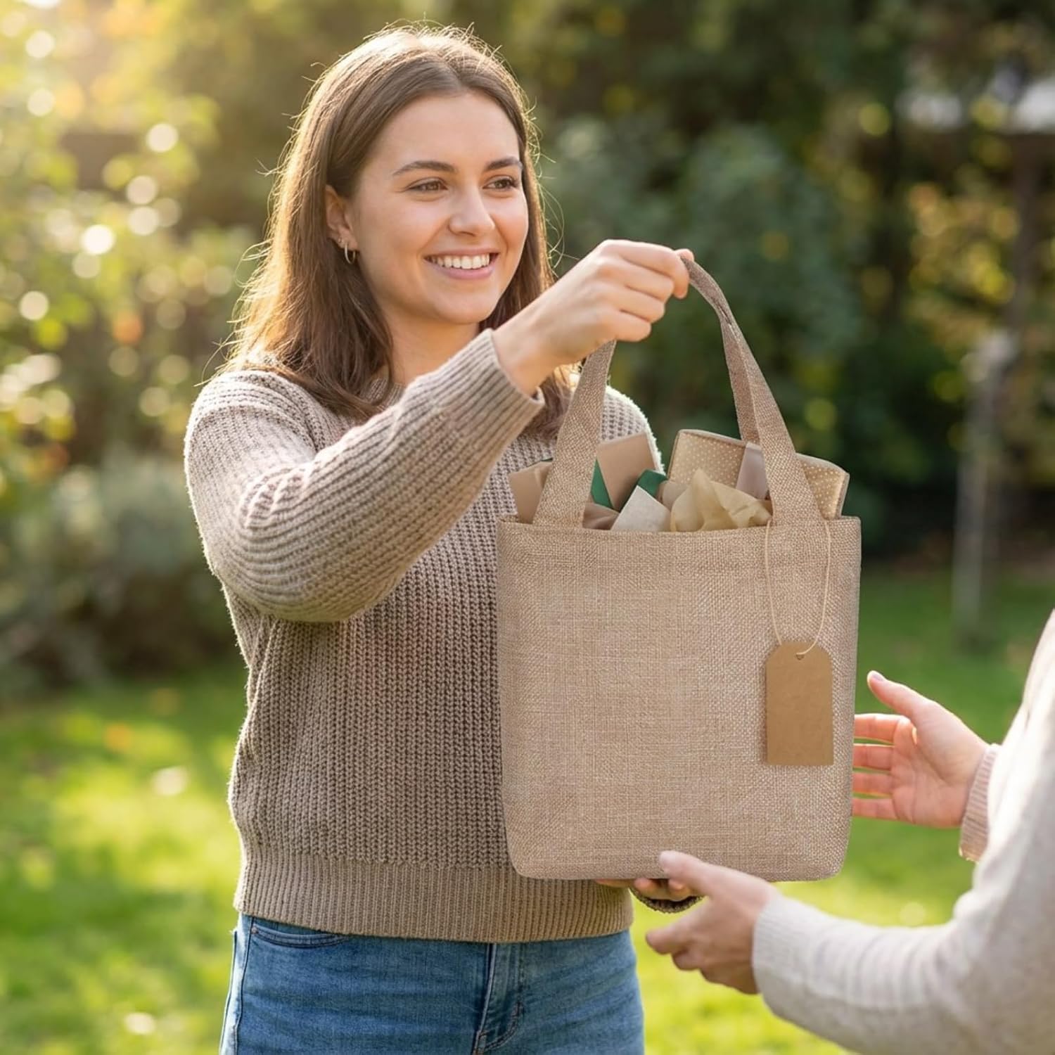 Aliceset 24 Pcs Mini Burlap Tote Bags with Handles Reusable Burlap Gift Bags with Tags Small Wedding Welcome Bridesmaids Jute Bag Bulk for Party Supplies DIY Craft (10 x 10 x 3.5 Inch,Light Brown)