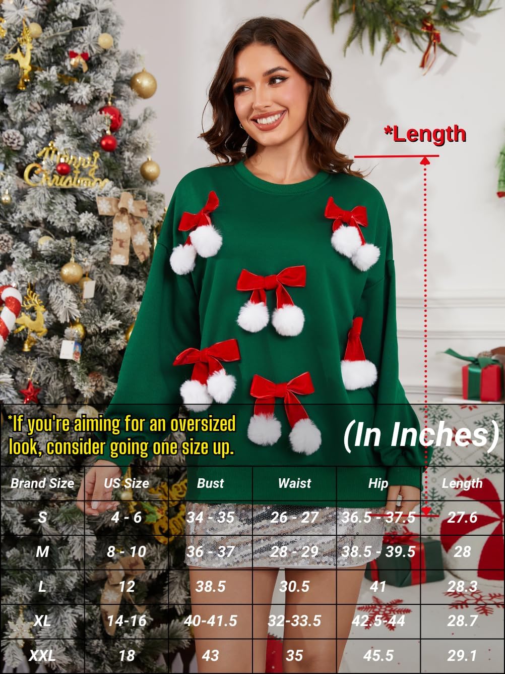 EHSUYAB Christmas Bow Sweatshirt For Women, Crewneck Fuzzy Ball Ugly Xmas Sweater, Cute Holiday Christmas Party Outfits