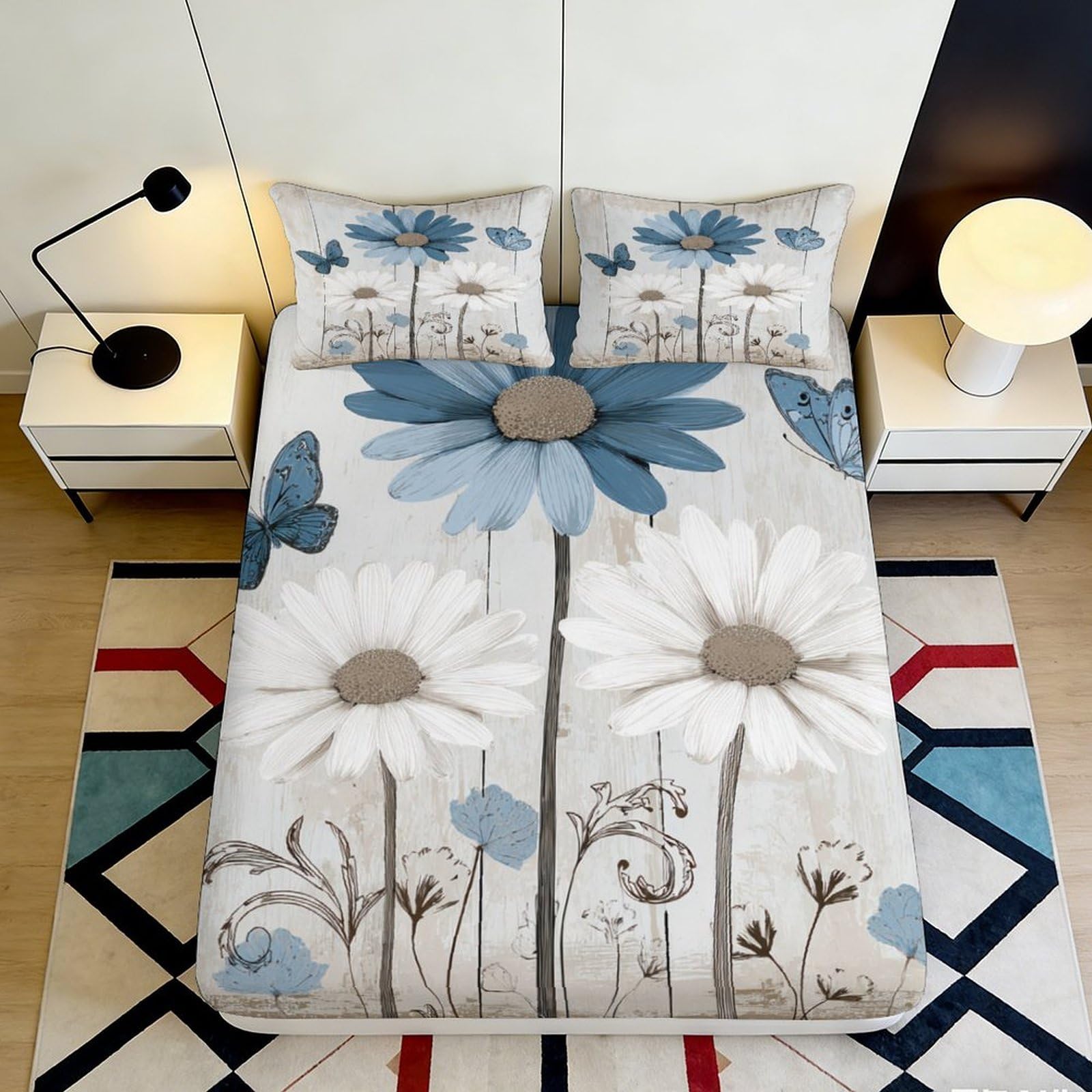 3D Printed Blue White Daisy Fitted Sheet Microfiber Soft Breathable Floral Butterfly Bed Cover for Bedroom Dormitory Guest Room Mattress Protection Decor 180x200x25cm