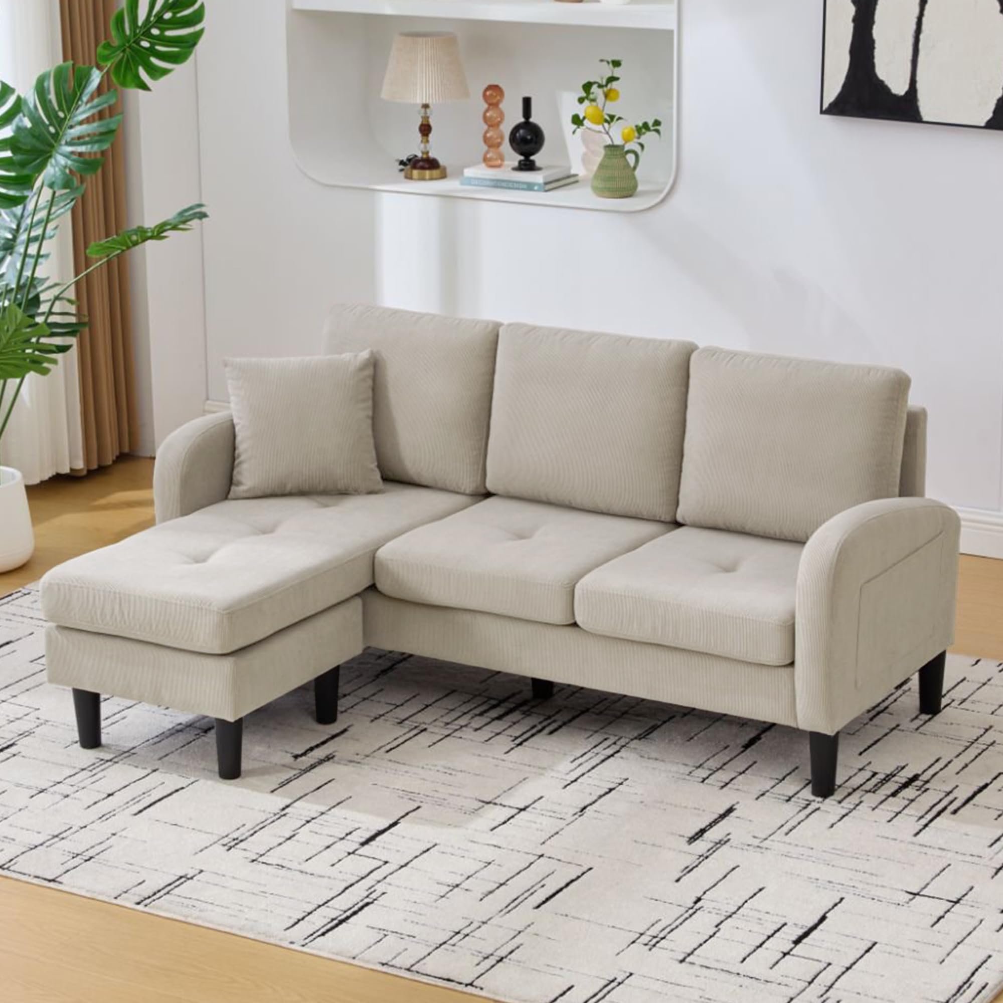 Divano angolare compatto a forma di L con chaise longue, divano a 3 posti per piccoli spazi, divano modulare per soggiorno in tessuto di lino e cotone traspirante, ideale per appartamento e ufficio