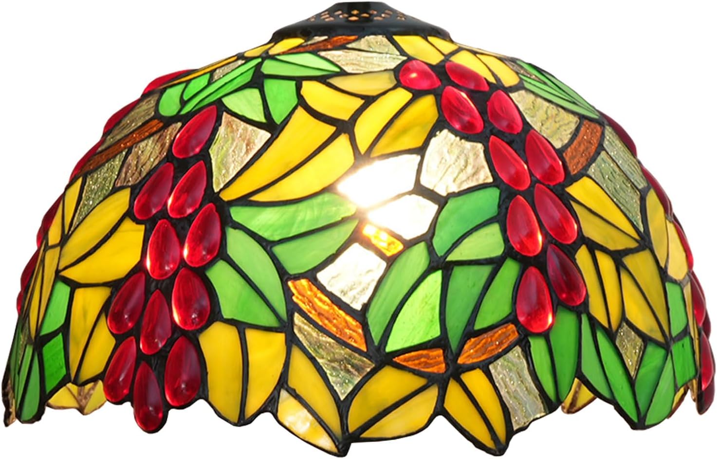 Tiffany Lamp Shade 12" Wide Accessories Replacement Only Grape Stained Glass Lampshades Vintage Red Glass Beads Green Leaves Light Cover for Table Lamp Pendant Light Desk Ceiling Fixtures,A