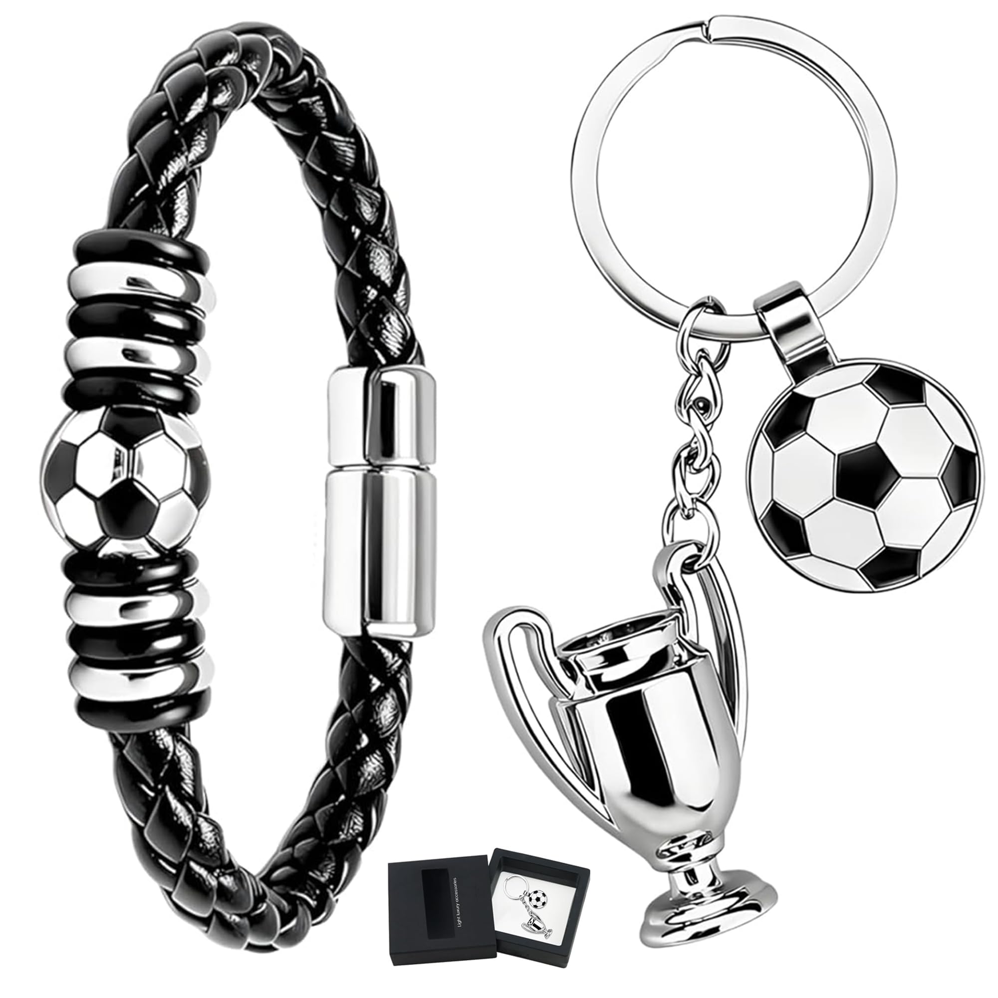 Regalos de Futbol para Fans, Set de Trofeo y Pulsera de Futbol, Pulsera de Cuero Trenzado con Cierre Magnetico, Caja de Regalo, para Cumpleanos Comunion Confirmacion Graduacion