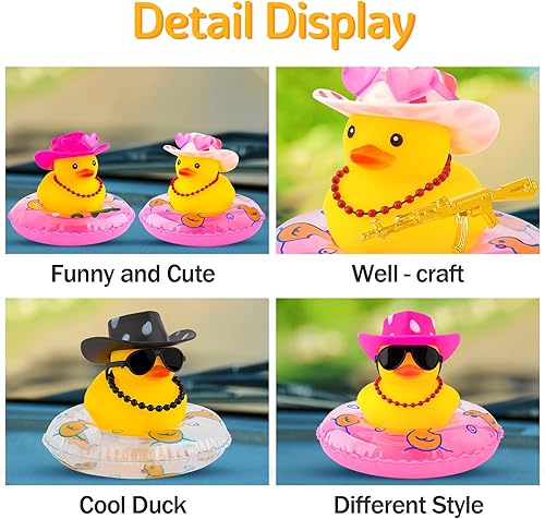Miniatura 3 de wonuu Decoración de coche de pato de goma, accesorios para automóvil, adorno para tablero de instrumentos con sombrero de vaquero, anillo de