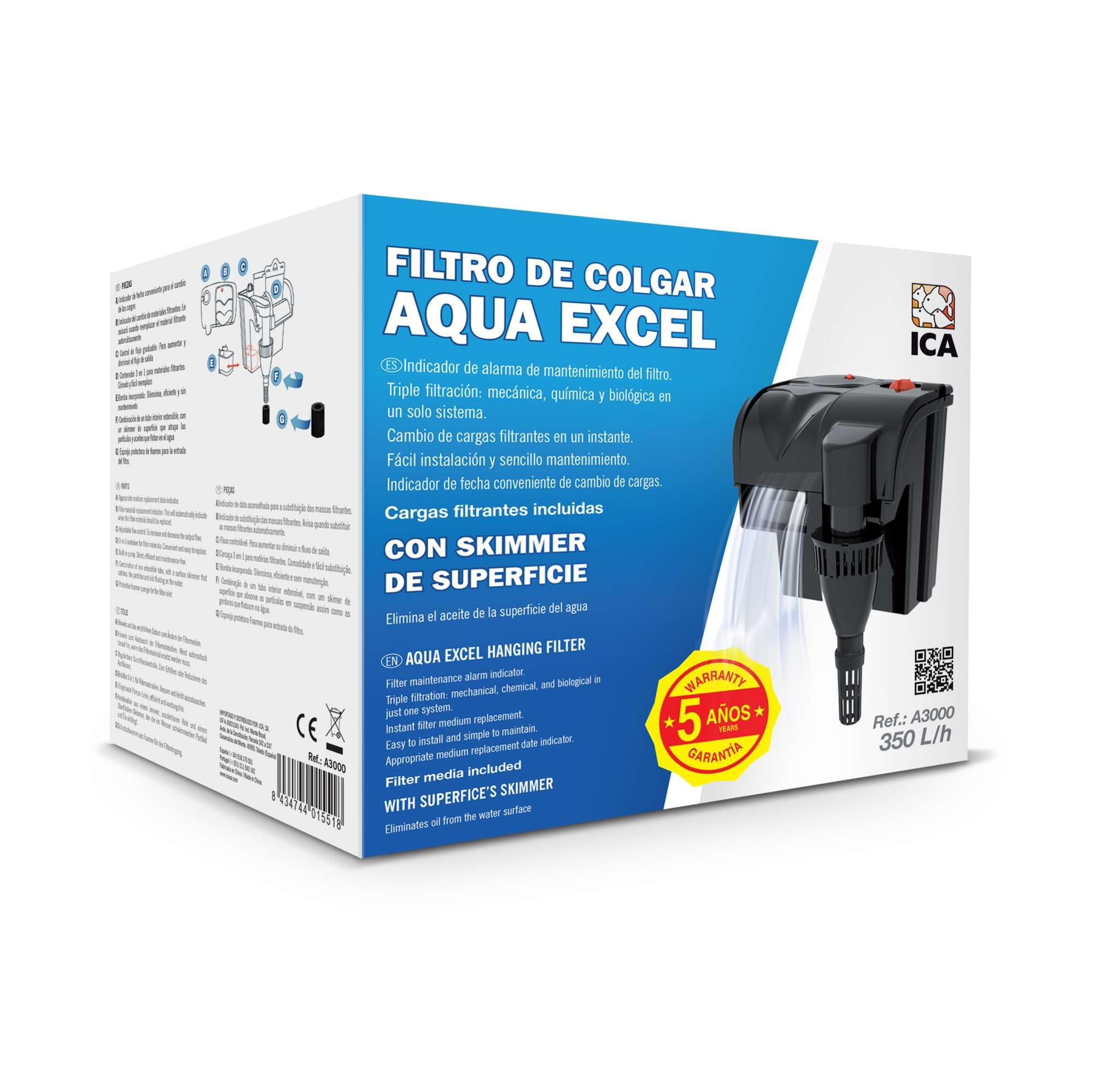 ICA A2000 Filtro Cascada Aqua Excel 300L/H, Acuarios hasta 80L, Gran Cesta Filtrante