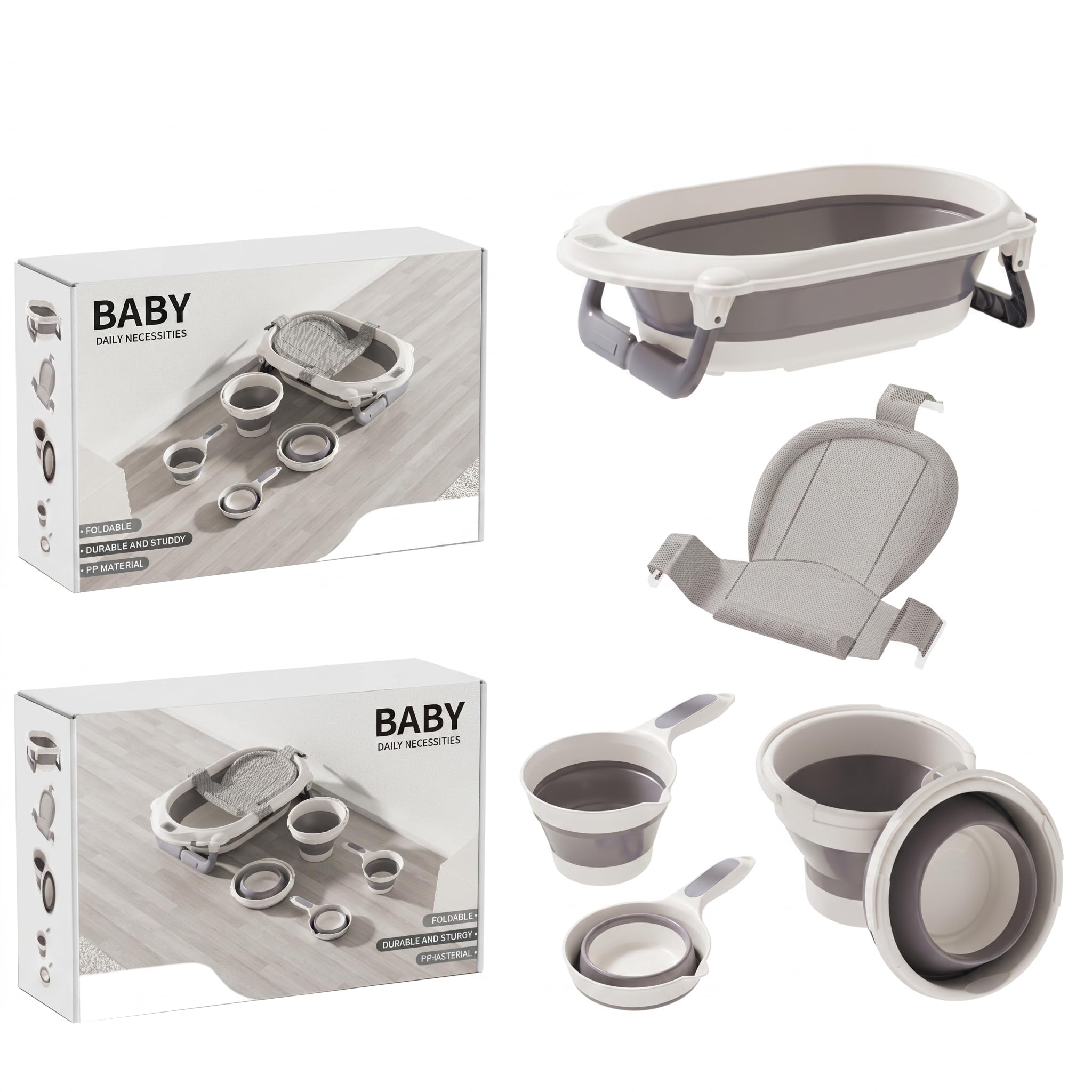 Baby Badewanne Faltbar Set 4 in 1, Faltbare Babybadewanne mit Badewanneneinsatz, Waschschüssel und Schöpfkelle, Platzsparendes Bade-Set für Babys und Kleinkinder, Hellgrau, RJ317