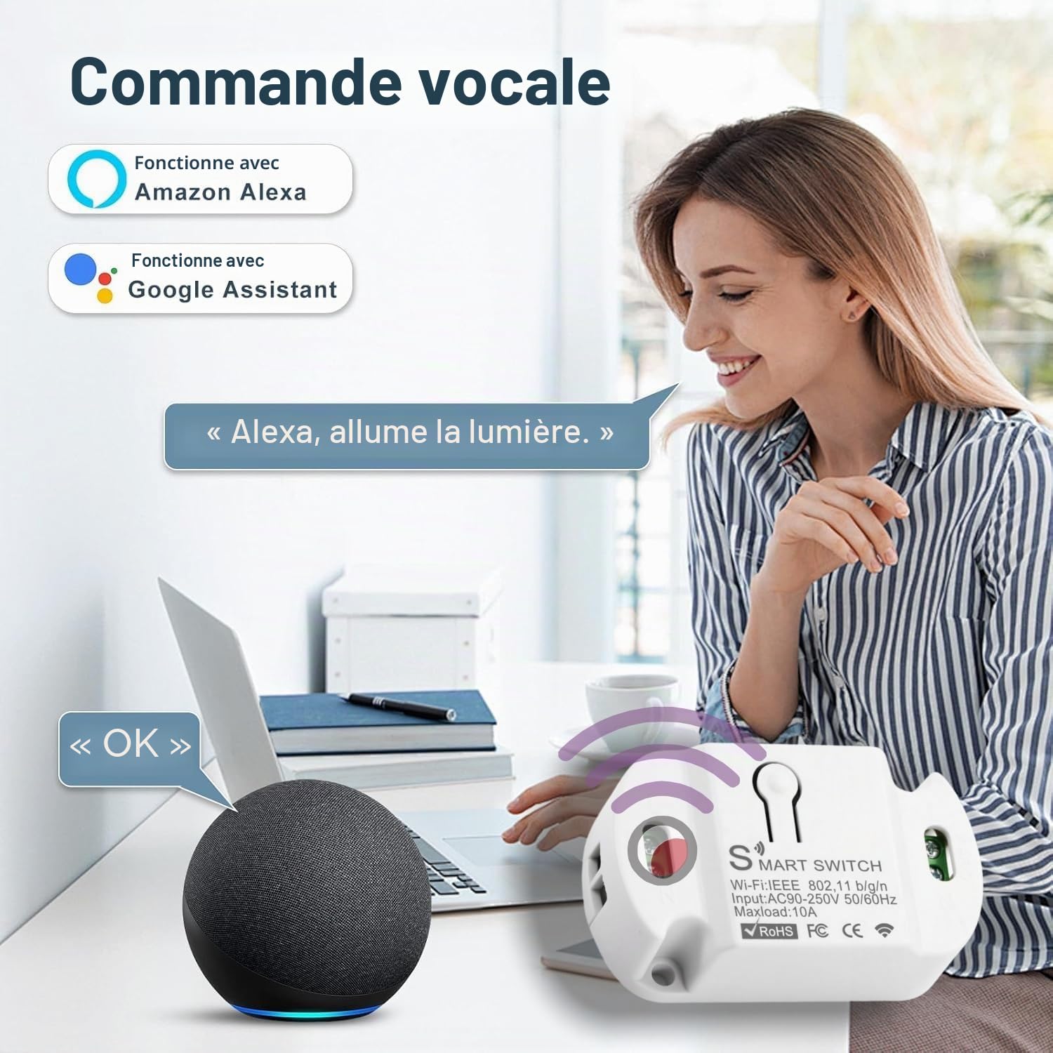 QIACHIP Commutateur WiFi Tuya Intelligent, Interrupteur d'Éclairage Connecté, 10A DIY Compatible Avec Alexa, Google Home (4 Pack)