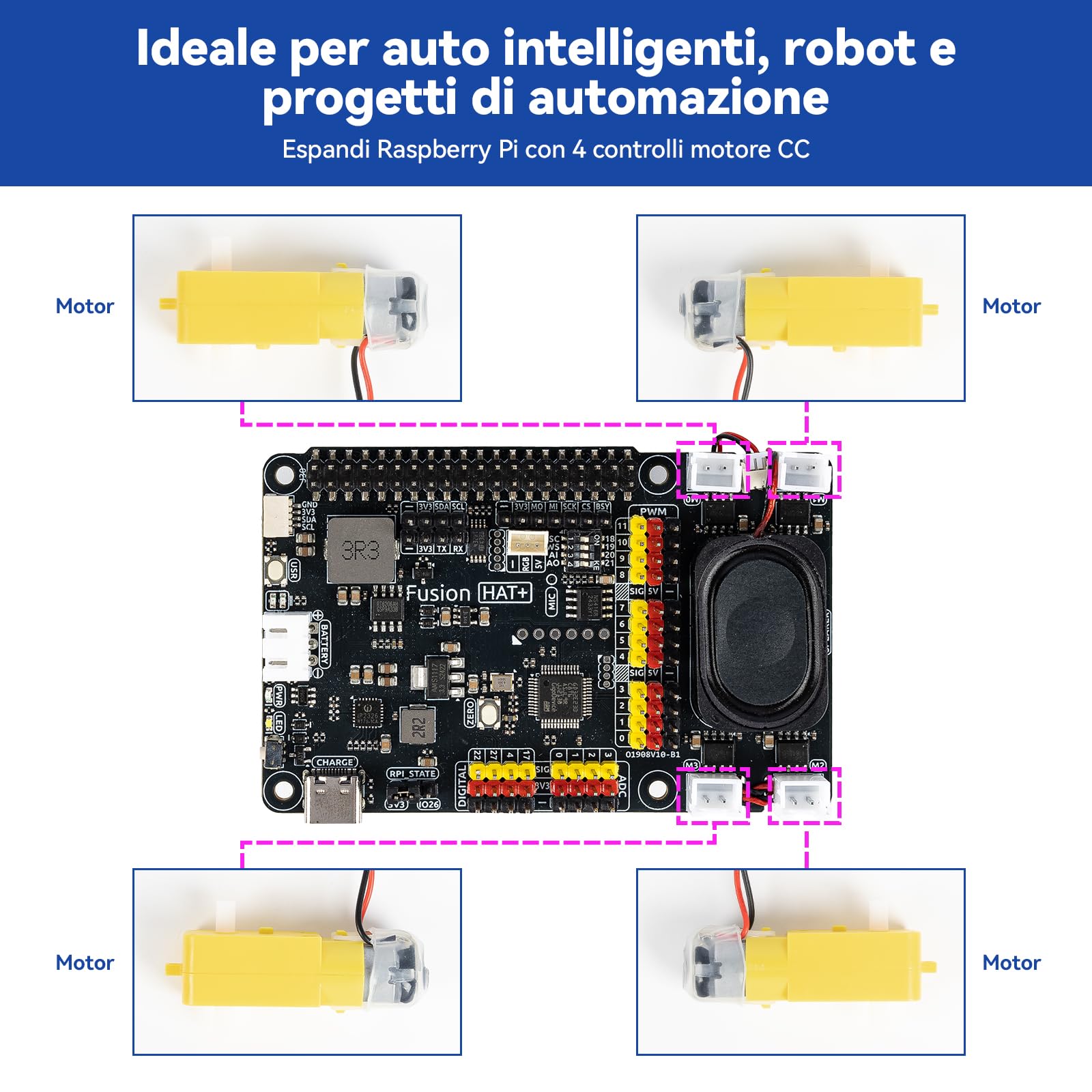 SunFounder Fusion HAT+ scheda di espansione per Raspberry Pi5/4/3B+/Zero 2W,batteria ricaricabile,4 driver motori DC, 12 servo PWM,ADC,altoparlante e microfono,compatibile con AI LLMs(ChatGPT/Gemini)