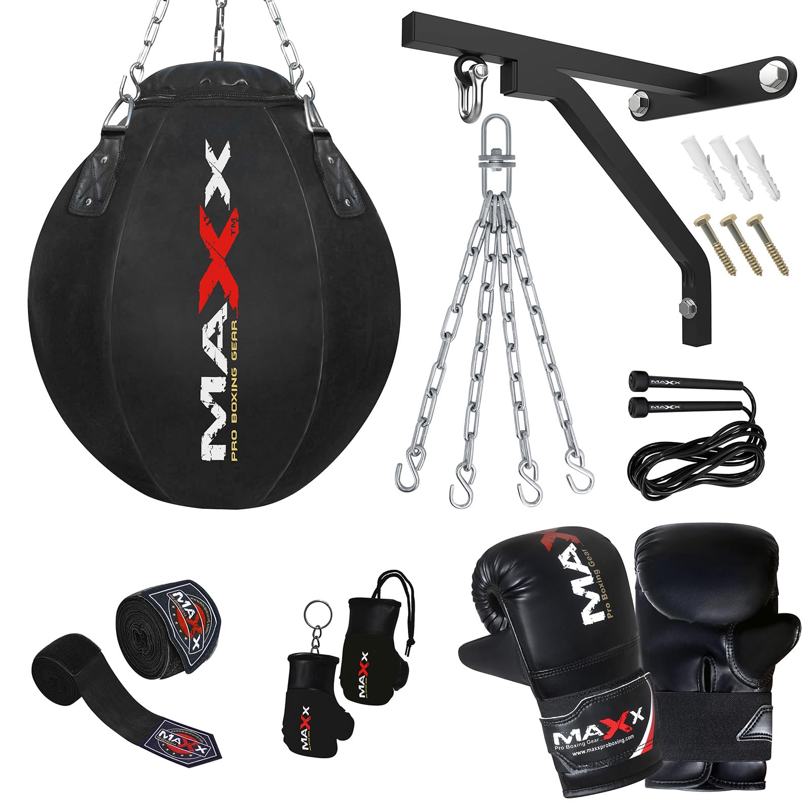 All Black range of Heavy Filled Hanging Boxing Punch Bag, Punchbag Set 5ft, 4ft, 3ft Includes FREE CHAIN (BAG +10PCS SET BRACKET, Wrecking Bag)