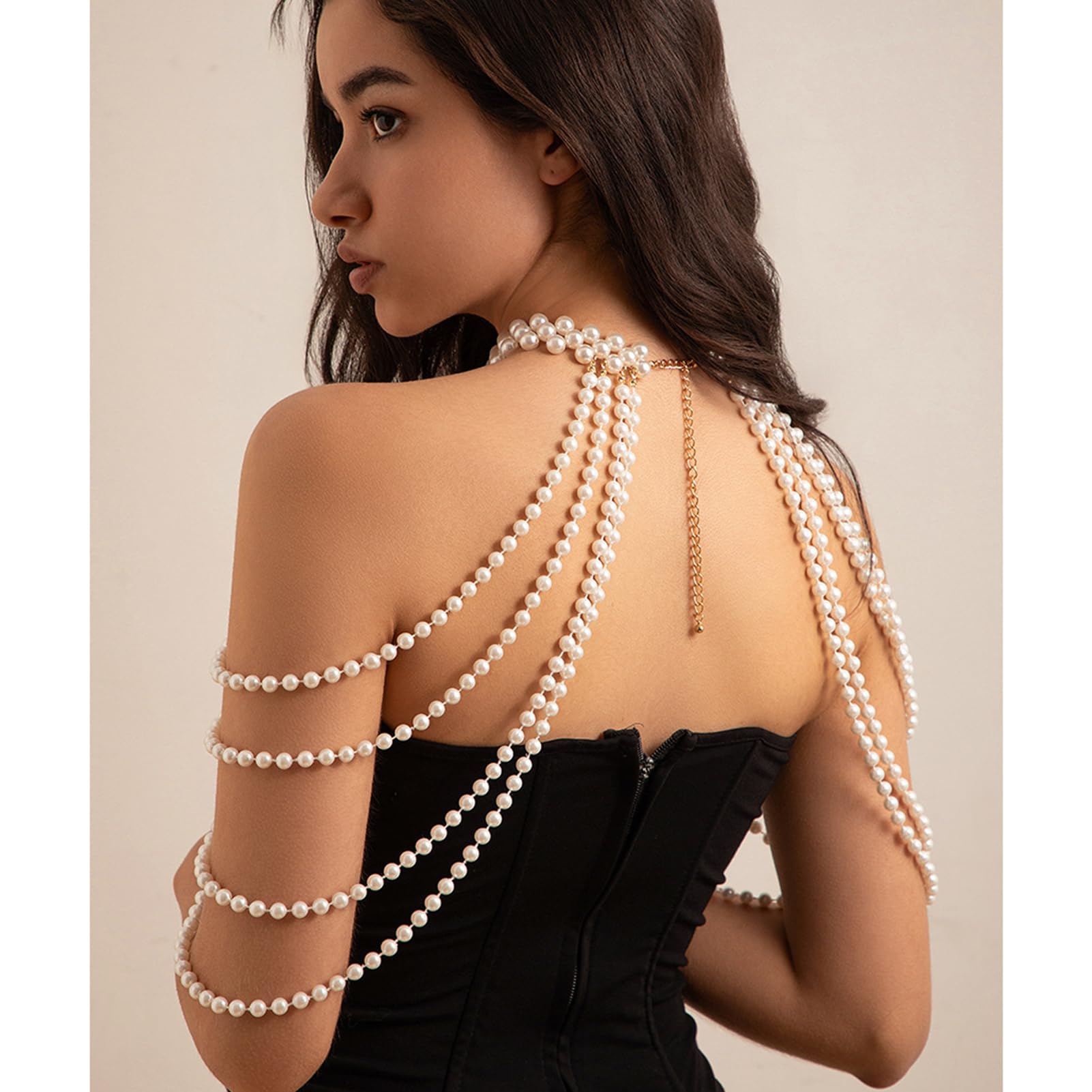 NICENEEDED Cadena de Hombro de Perlas, Collar Cadena de Brazo de Cuentas, Cadena de Cuerpo de Cadena de Sujetador de Bikini de Playa de Verano con Cadena Trasera de Hombro para Boda Nupcial