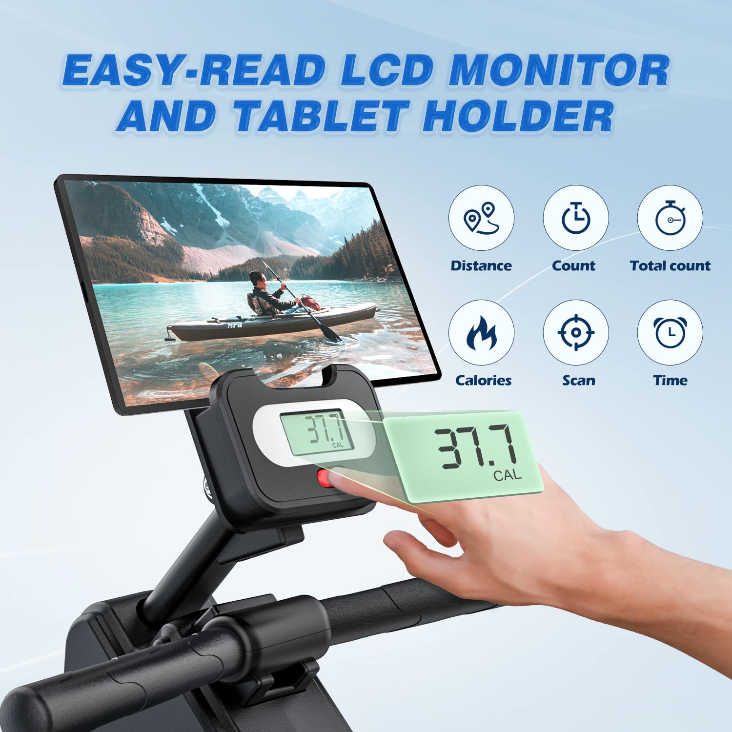 Dripex Magnetic Rowing Machine LCD monitor displaying workout data and a tablet in the holder