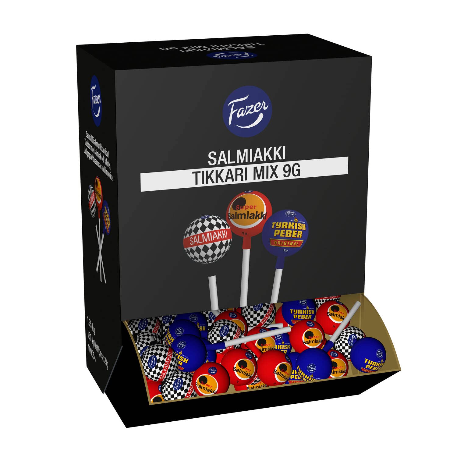 Salmiakki Lollipops und Lakritz Lolly Mix - Salmiak Lutscher Großpackung, Einzeln Verpackt Lollis in Groß XXL Box 1,35 kg von Fazer (150 stck)