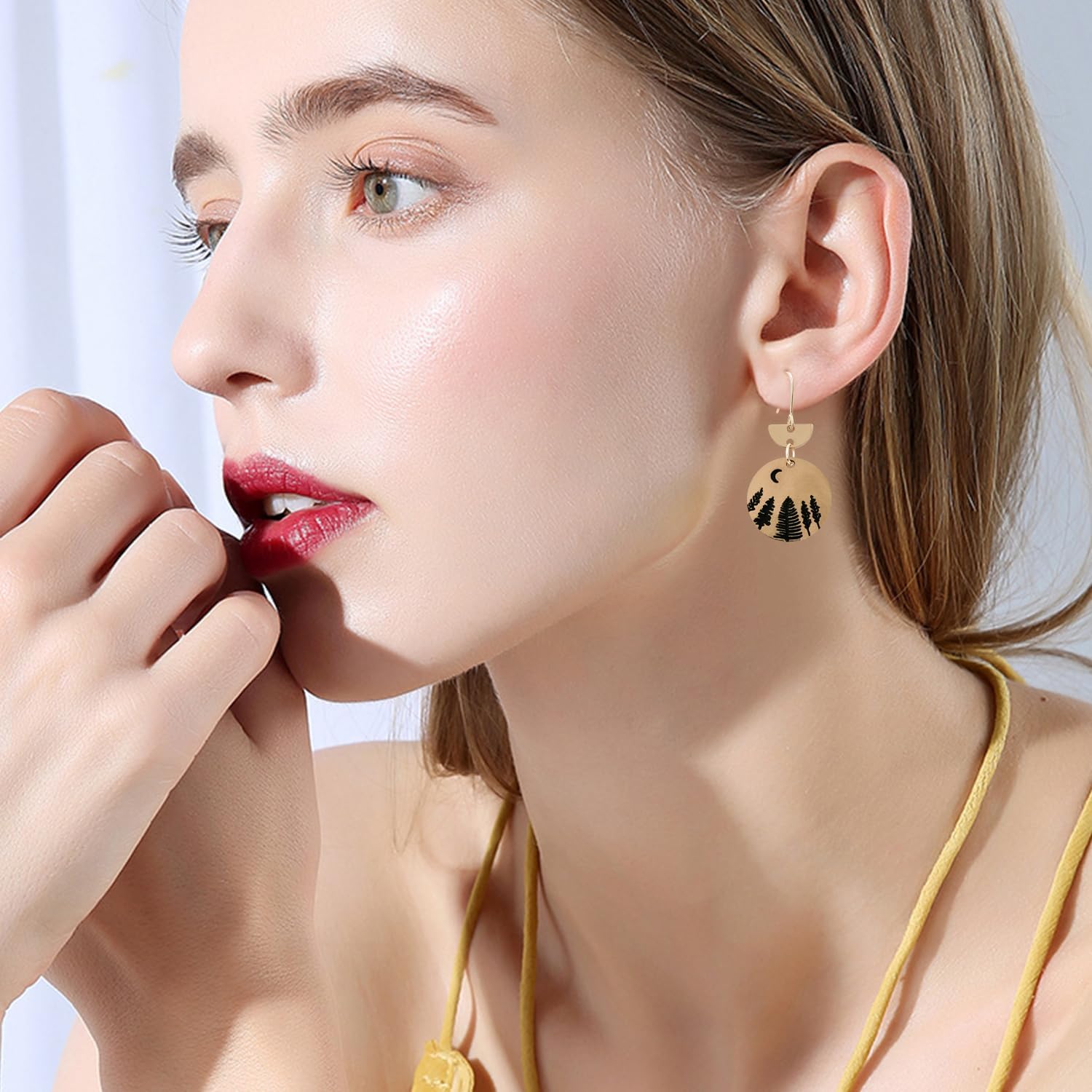 NONQL Handmade Retro Gold Minimalist Round Tree Geometric Dangle Drop Earrings Bohemian Vintage Carved Pine Tree Star Moon Dangle Drop Earrings for Women Jewelry Gifts - Image 2