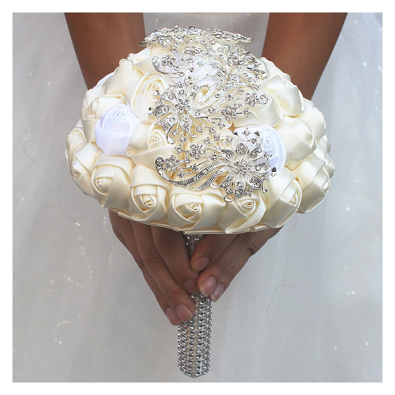 DAVBIR 100% bukiet ślubny kość słoniowa kremowy kwiat diamentowa broszka bukiet ślubny kryształowe ściegiem bukiety perfection (Color : 18cm choose color)