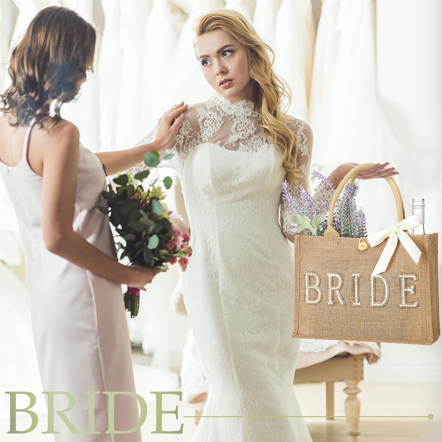 Silkfly Wedding Bride Bag Natural Jute Tote with Ribbon Bride Gift Bag with Handle for Shower(Gold Edges,Bride) - Image 2