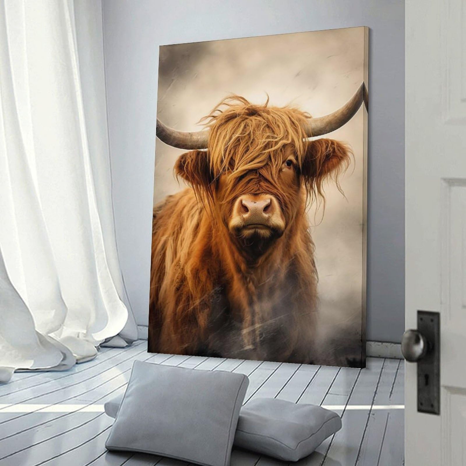 Junmoney Frame-Style-15 Decorative Wall Artwork Highland Cow Portrait, 20X30inch(50X75cm), For Sofa Walls, Lounge Or Home Corners, Modern Wall Decor For Cosy Interiors