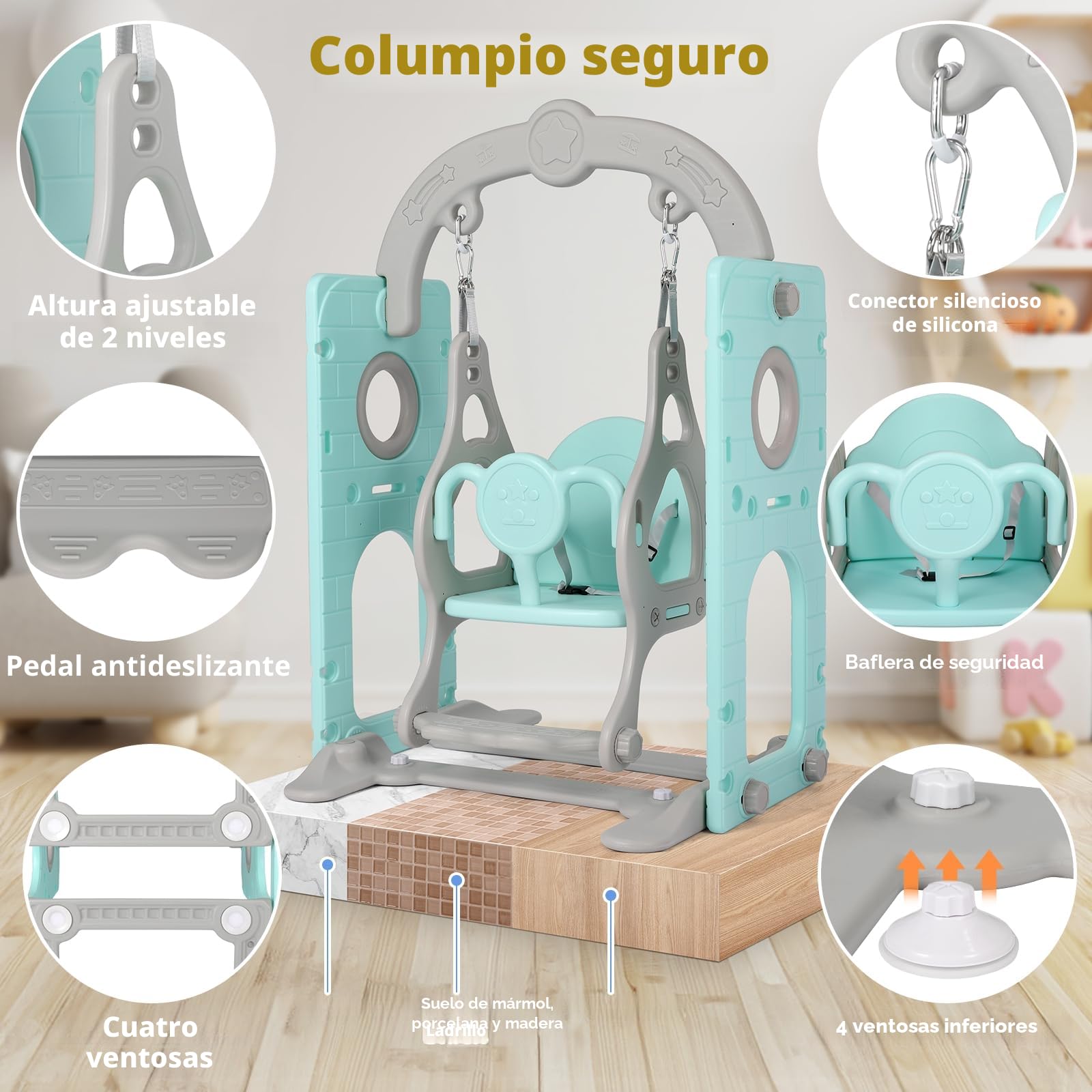 Tobogán y Columpio, Parque Infantil 5 en 1, con Tobogán Largo, Columpio, Escalada, Telescopio de Juego, Almacenamiento, Tobogán para Interior y Exterior, Juego de Tobogán para Bebé, Verde Gris