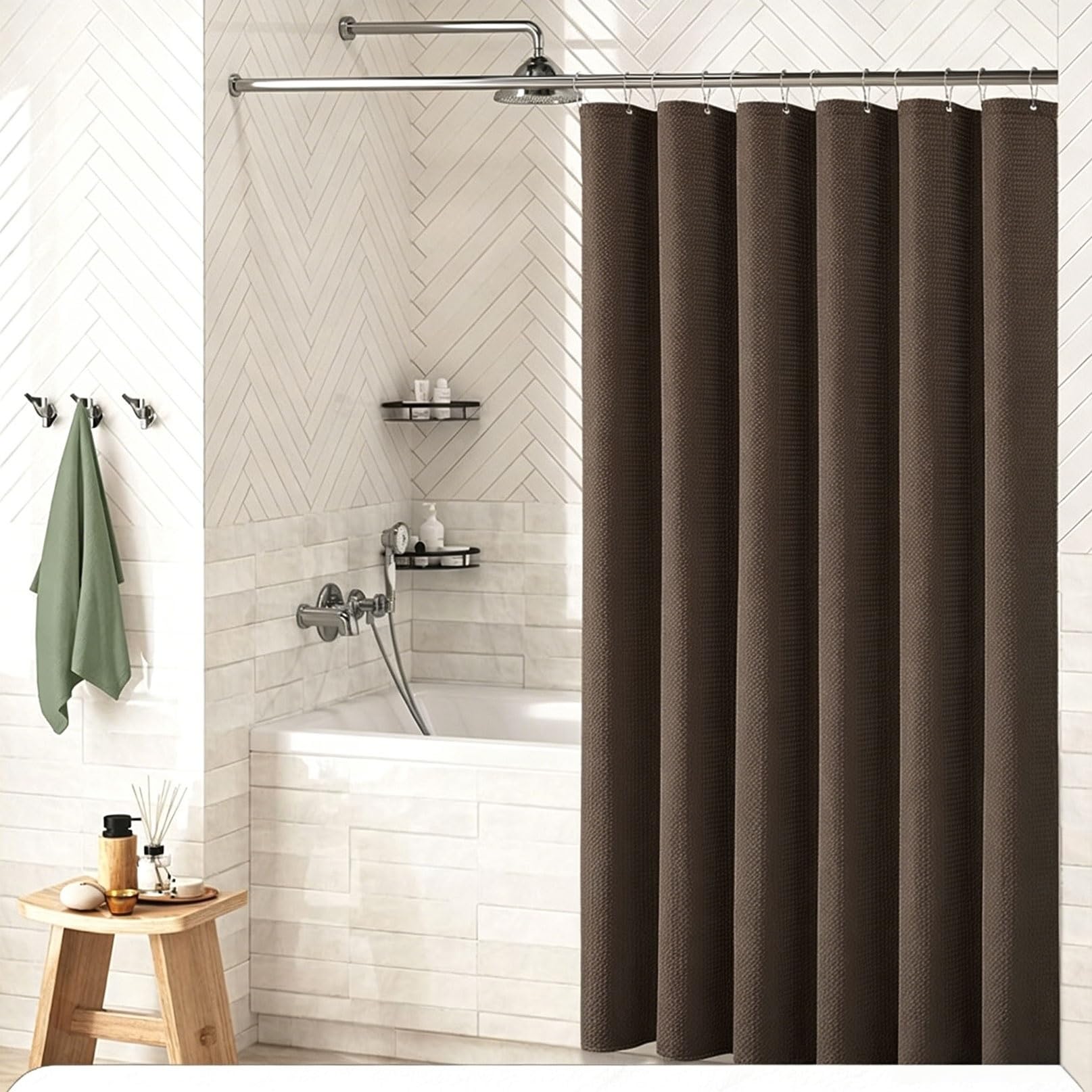 RCYONGQ Shower Curtain Polyester, Water Repellant Fabric, Waffle Bathroom Curtains Includes 12 Pcs Curtain Hooks, Quick-Drying, 230g/㎡ for Bathroom Wet Room Tub(Brown,180x180cm)