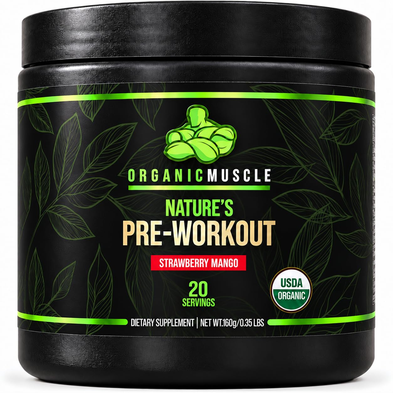Organic Muscle Pré-treino em pó com cafeína orgânica 70 mg, sabor morango e manga, 20 porções