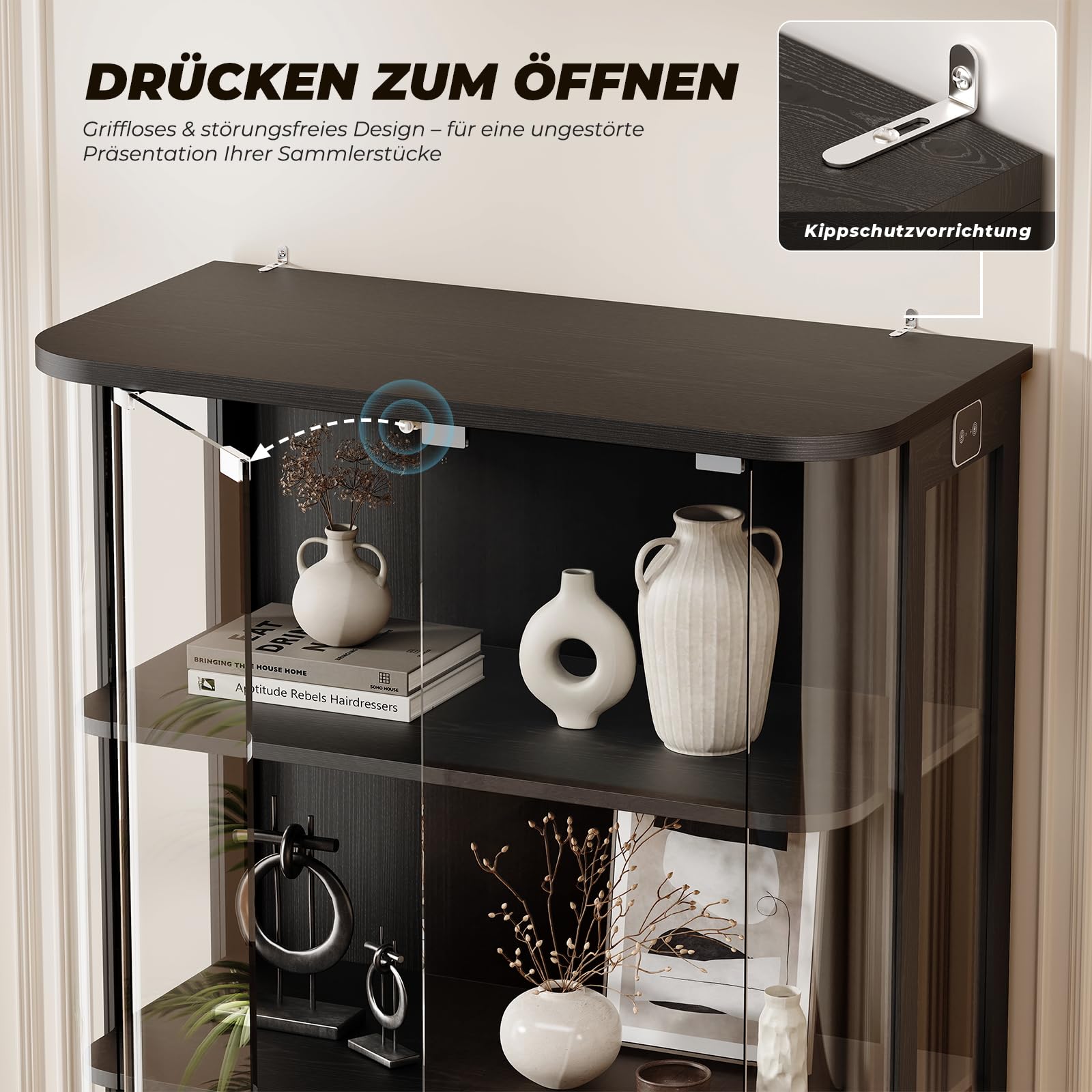 BROTTAR 3-stöckige runde Vitrine mit Glastür, 3-farbige Beleuchtung, Bewegungssensor, durchgehend transparenter Schrank für Sammlerstücke, Spielzeug & Bücher (Schwarz)