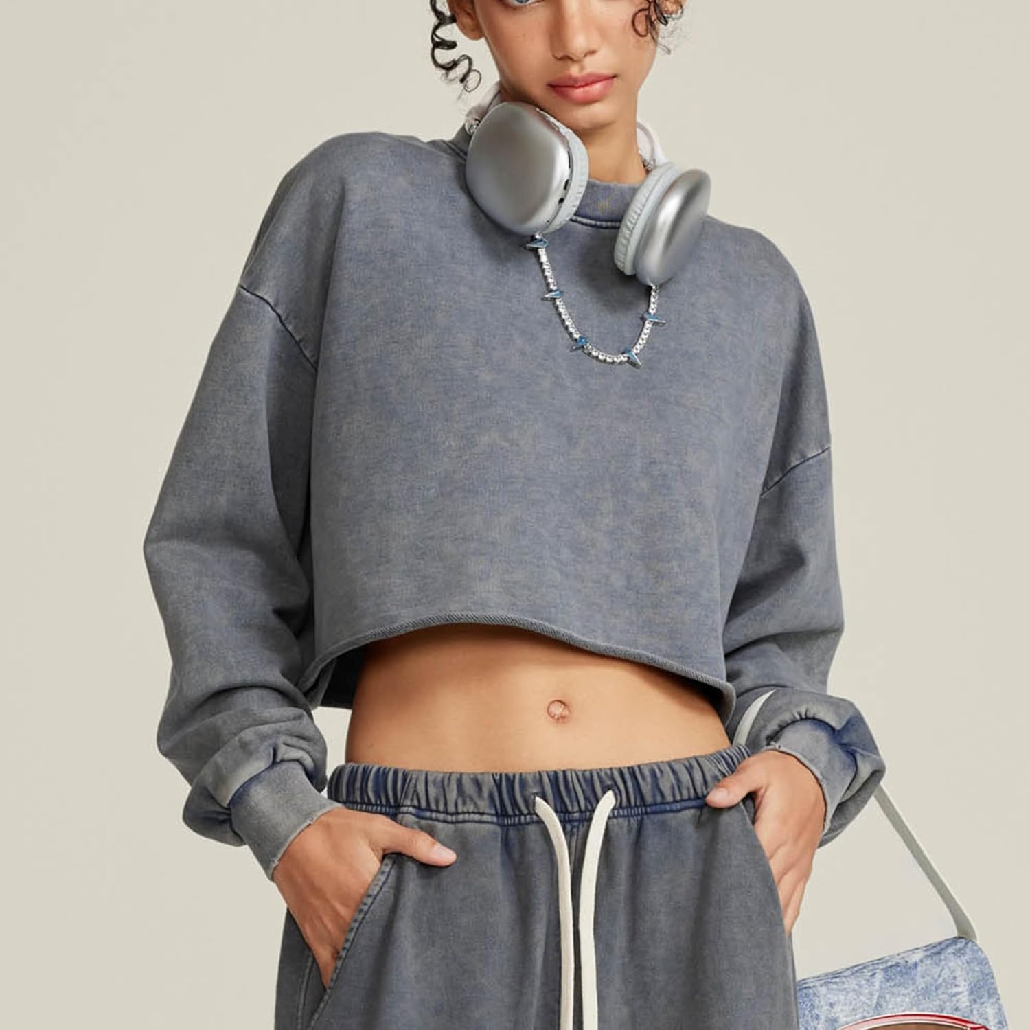 Hixiaohe Womens Cropped Sweatshirts Vintage Long Sleeve Pullover Tops Acid Wash Sweatshirt Hoodies for Women Workout Crop Top - Image 5