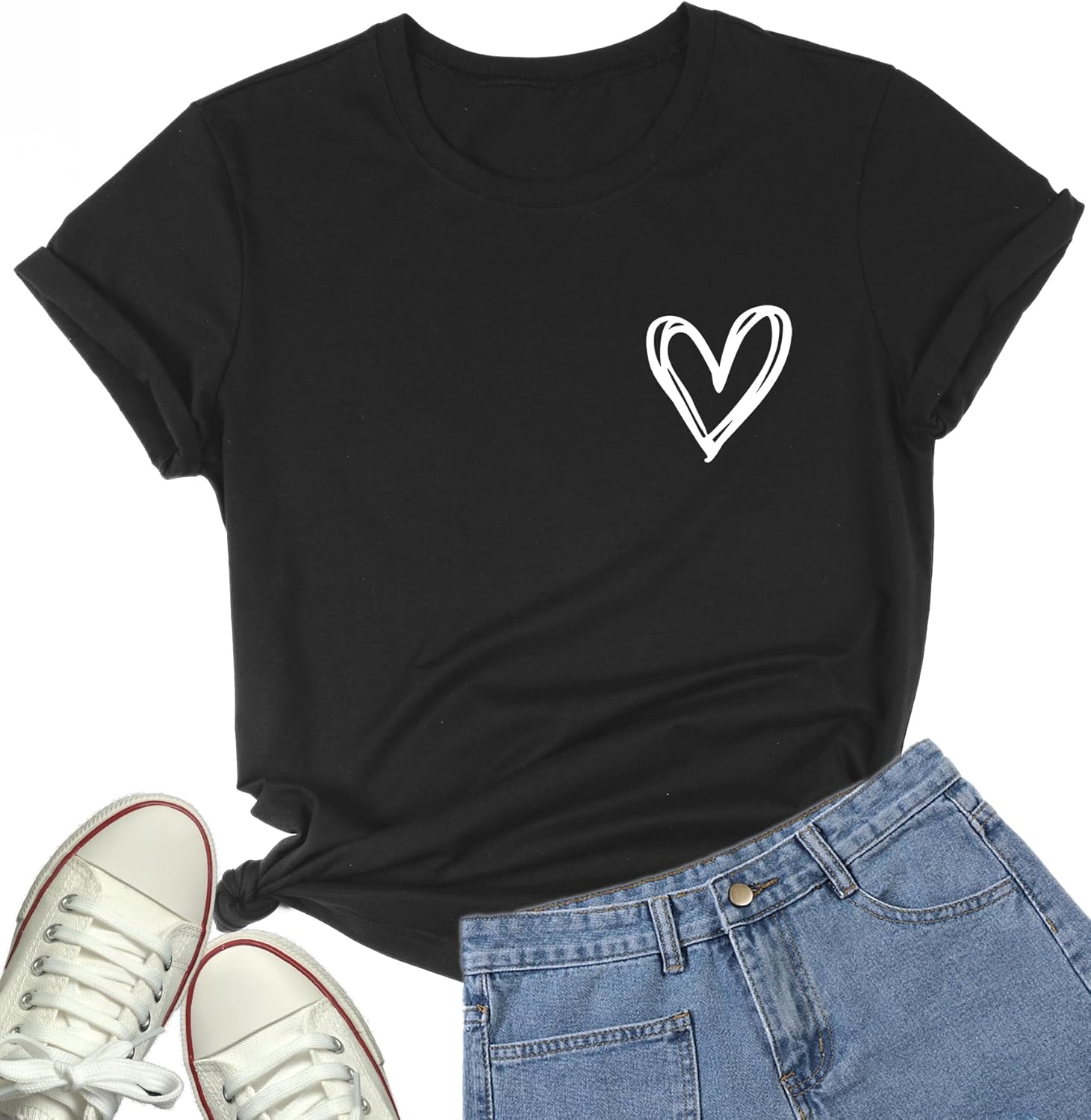 DANVOUY Women's Heart Print T Shirts Funny Short Sleeve Graphic T Shirt Tops