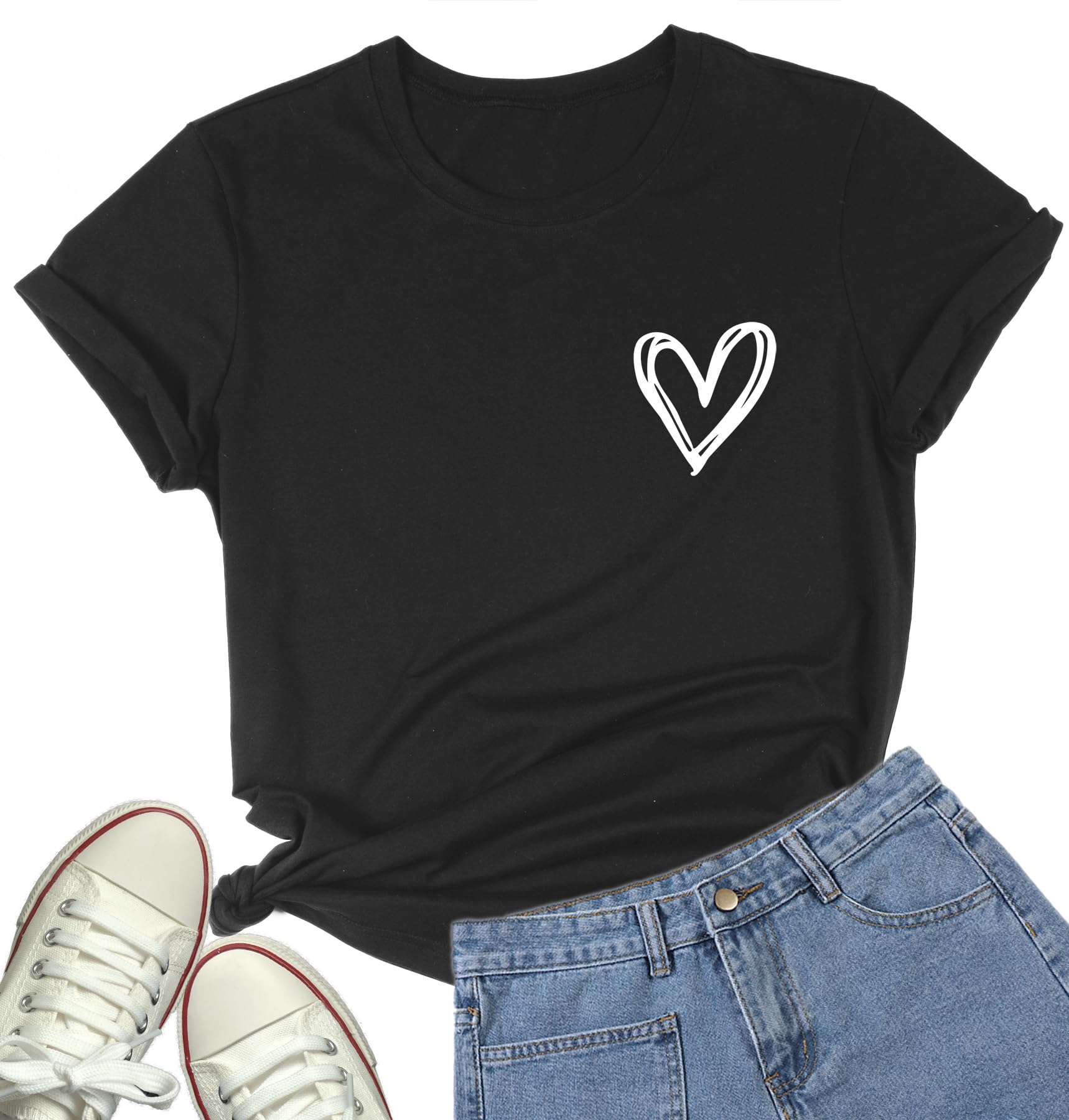 DANVOUYWomen's Heart Print T Shirts Funny Short Sleeve Graphic T Shirt Tops