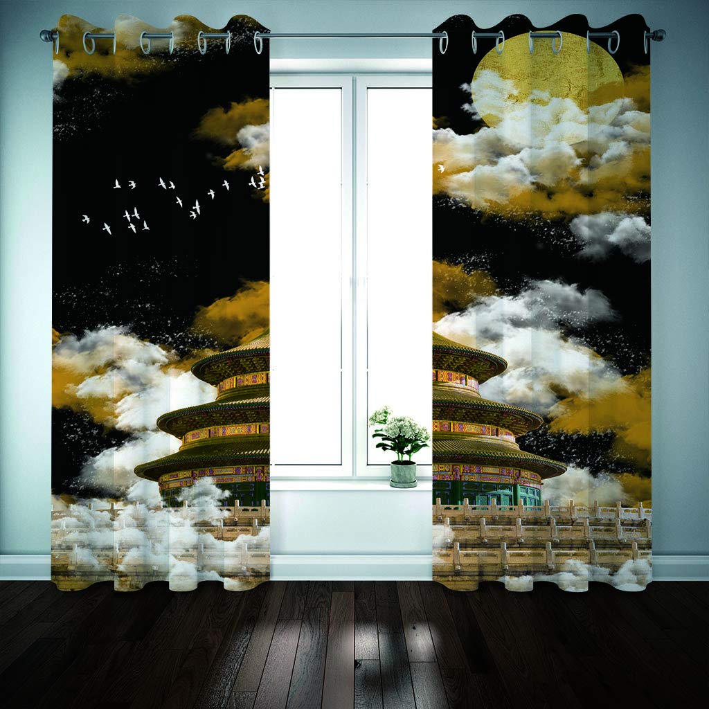 Rideaux Salon Voilage Occultant Thermiques 3D Architecture Classique avec Nuages Blancs Rideau Salon Design Moderne Chambre Enfant Bebe Fille 280x260Cm Polyester Fenetres Occultants Isolant Lot De 2