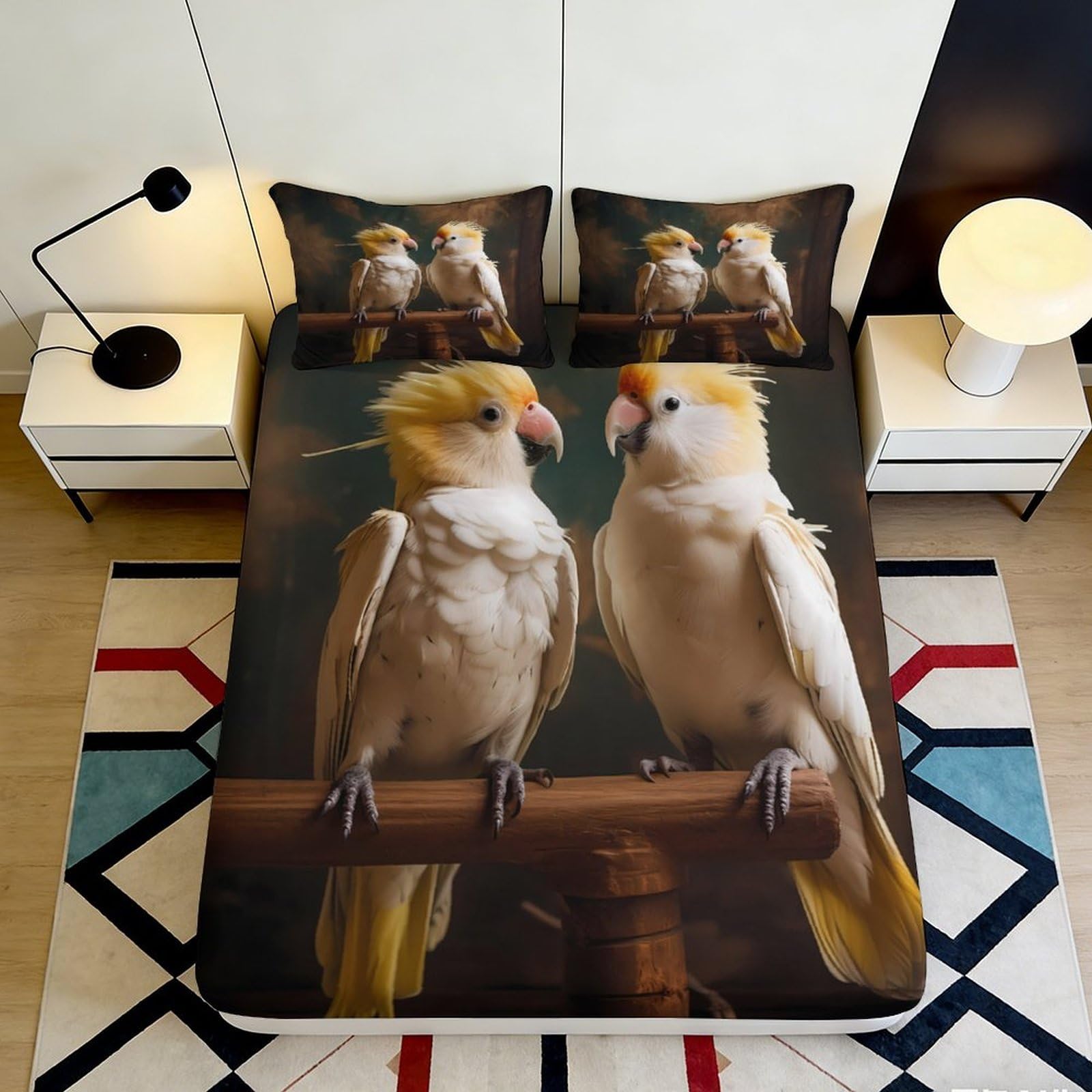 Pnayamiorkfel Style-1 3D Printed Cockatiel Parrot Fitted Sheet Microfiber Soft Breathable Bird Pair Bed Cover For Bedroom Dorm Decor Mattress Protection 90X200x25cm