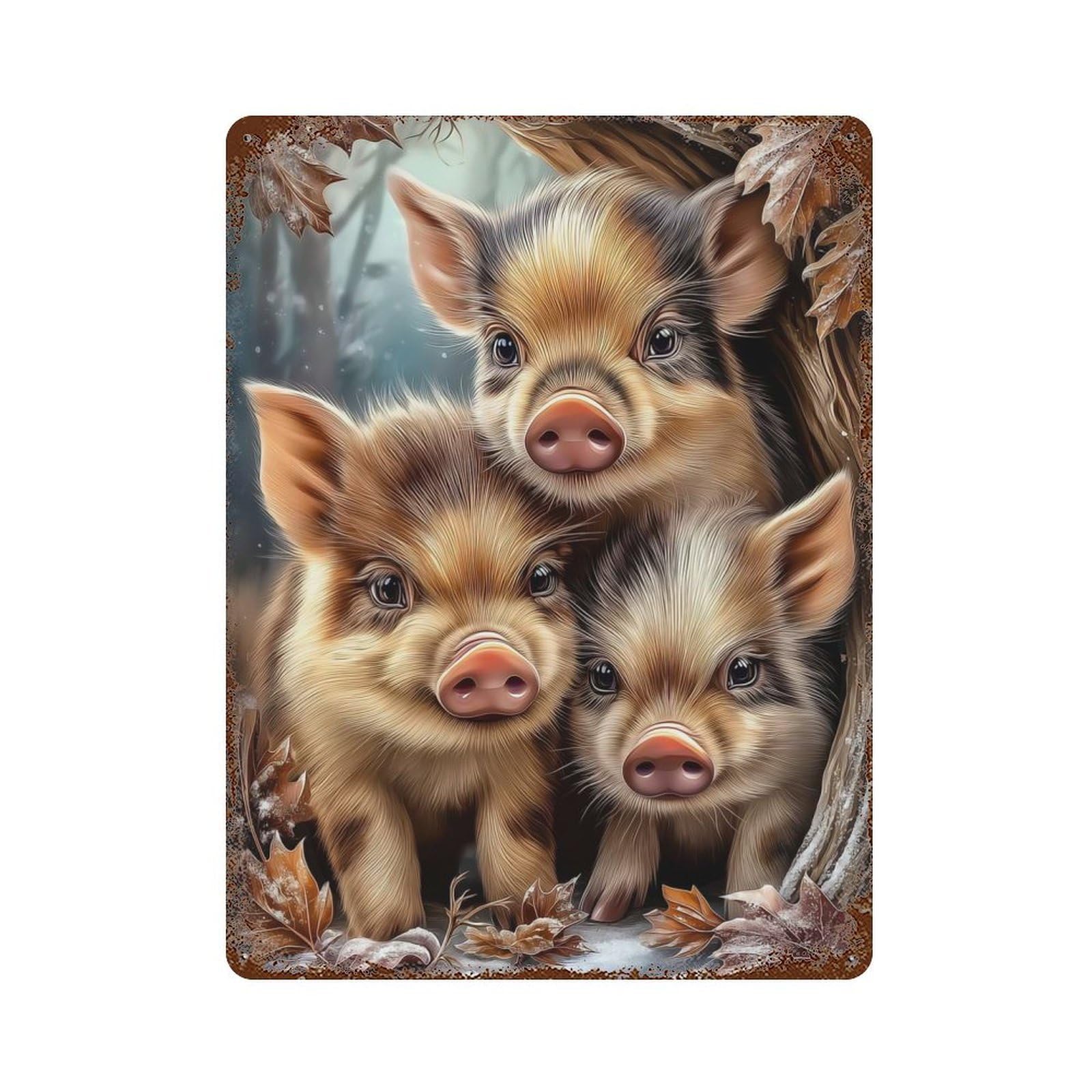Aged Metal Wall Plaque with Wild Boar Piglets in Winter Scene Design 15.7"x11.8", for Garage, Bar And Workshop Decor, Rustic Home Decor