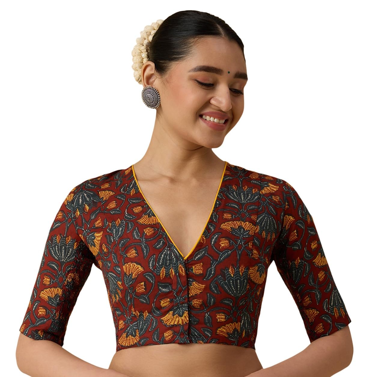 Women's Cotton Kalamkari Print Side Stretch (Smocked) Readymade Saree Blouse-image-16